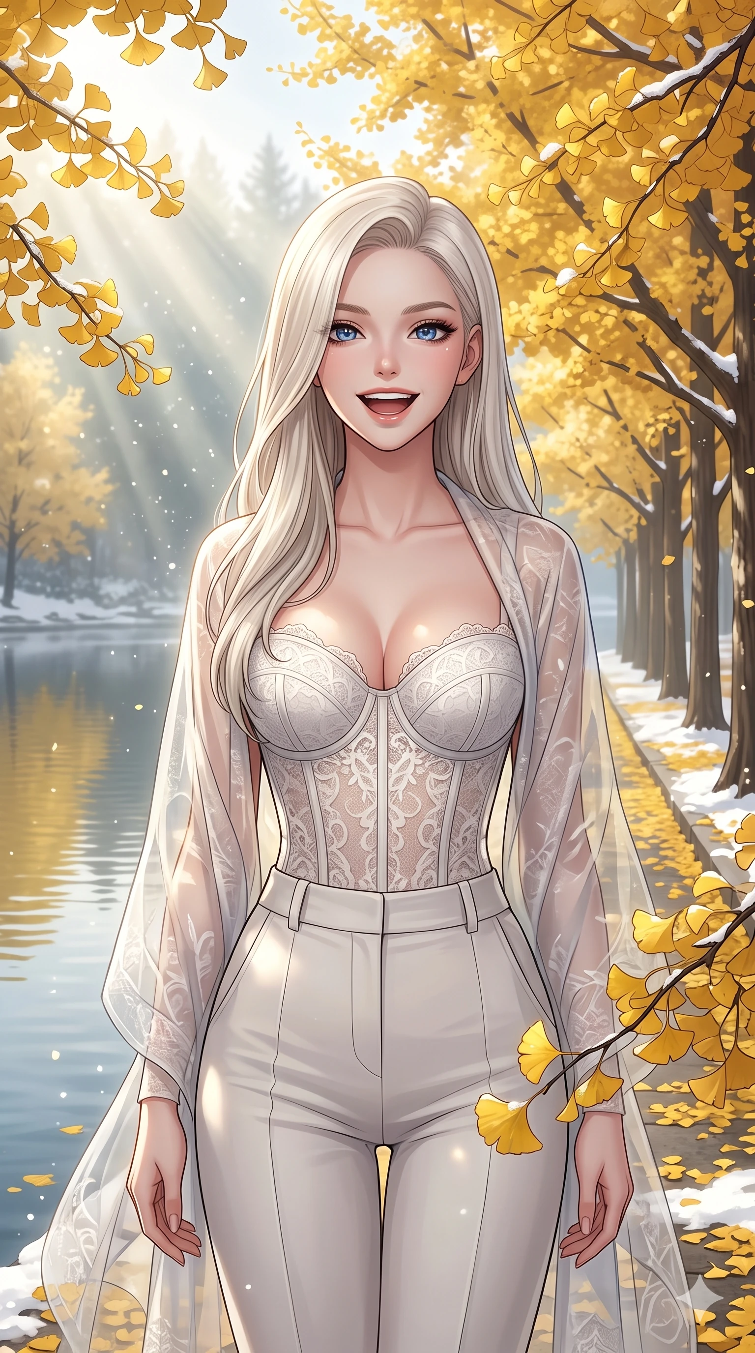 score_9, masterpiece, best quality, ultra-detailed, high-budget anime keyframe, vibrant anime aesthetic, Caucasian woman, strictly human ears. cowboy shot from the thighs up, character and outfit filling the frame for maximum presence. She is posing with a joyful, energetic winter smile, looking directly into the lens by a lakeside promenade lined with golden gingko trees (Code-P21-144). She has an absolutely perfect 8-heads proportion, an exceptionally tall and slender female figure with impossibly long slender legs and an ultra-slim waist. V-shaped jawline, high-bridge nose, intricate jewel-like eyes with depth, thick eyelashes, glossy lips with a natural sheen. wearing a structured lace corset with sweetheart neckline showing cleavage and a sheer wrap in snow. She is bathed in soft morning sunbeams filtered through the winter forest mist, creating a serene aura. 2k, ultra detail, master piece, 9:16 ratio