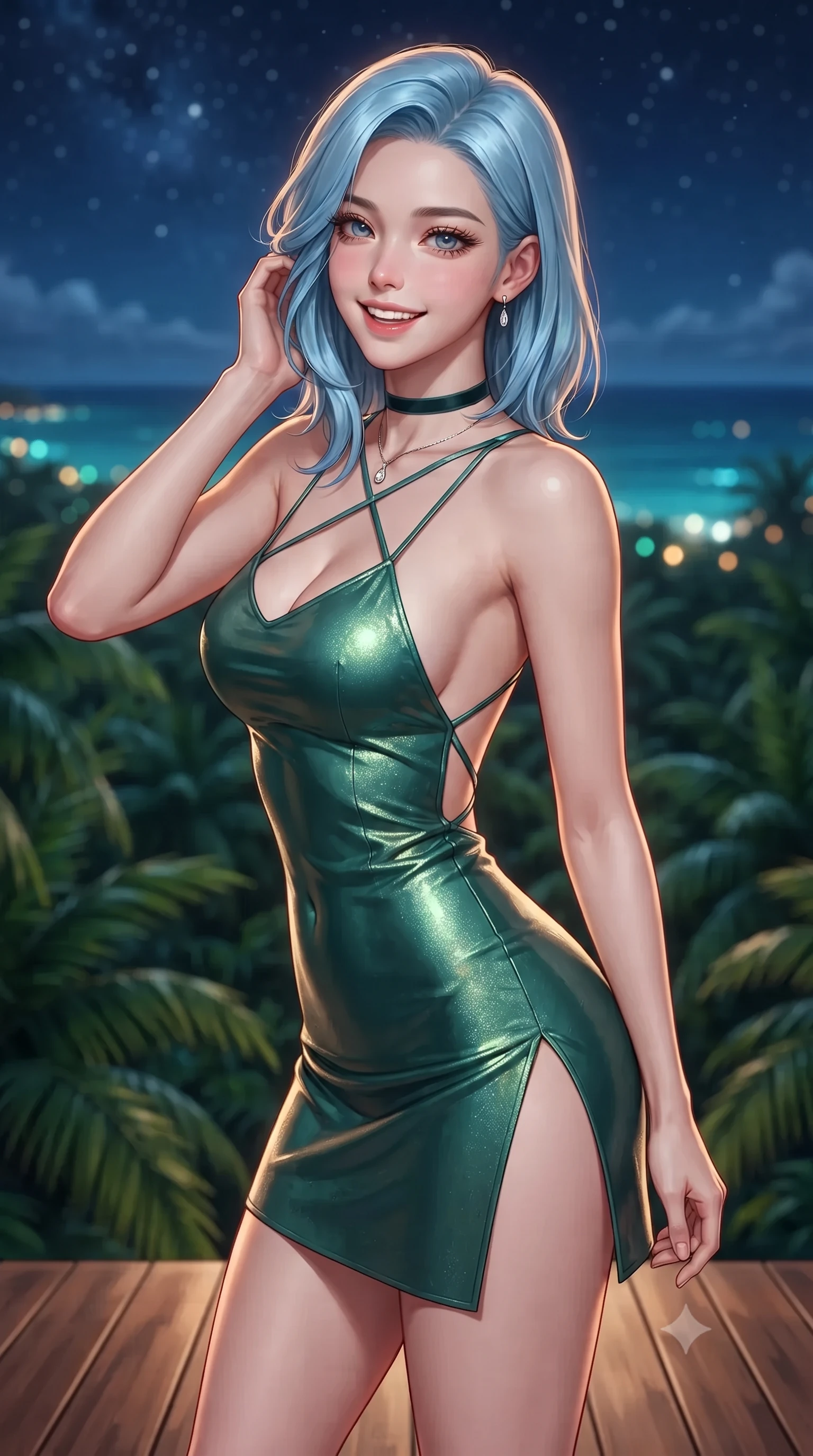 score_9, masterpiece, best quality, ultra-detailed, high-budget anime keyframe, editorial fashion photography, tasteful artistic composition, Korean woman. close-up cowboy shot from the waist and thighs up, the character dominates the composition, filling the frame with her large presence. gently brushing a lock of hair behind her ear while casting a playful, flirtatious side-gaze with long eyelashes while standing poised on the polished zapote hardwood deck suspended 40 feet above the jungle canopy, arching her spine with effortless supermodel poise as nocturnal ocean breezes whisper. The background shows a soft-focus endless sea of emerald jungle palm fronds, starry Caribbean sky, and distant turquoise ocean breakers blurred into jade, cobalt, and amber bokeh. She has an exceptionally elegant, slender, and willowy female figure with an ultra-slim waist, flat toned midriff, narrow ribcage, and sculpted feminine hips creating an alluring, slim hourglass silhouette without bulk. sharp v-shaped jawline, high-bridge nose, intricate jewel-like sparkling eyes with depth, thick eyelashes, glossy parted lips with a natural peach sheen, bright cheerful beaming smile with an enchanting and coquettish sensual glint, exuding both youthful cute charm and seductive allure, flawlessly proportioned anatomical accuracy, strict slender model proportions, natural body alignment, perfectly sculpted long slender limbs, ultra-slim waistline, clean dynamic posture without body distortion. wearing a backless liquid lamé mini dress with criss-cross spinal straps and daring side slit in Mayan cenote emerald jade and subterranean limestone cream, woven from buttery-soft stretch lambskin leather adhering to her body like a second skin, finished with a thin velvet ribbon choker and a single teardrop diamond pendant, the liquid-tight tailored fabric clinging flawlessly to her narrow waist and rounded feminine hips, emphasizing every millimeter of her sculpted slim hourglass curves without any bulky heaviness. illuminated by wood deck reflection bounce and sharp amber-gold rim lights defining her dewy collarbones, ultra-slim waist, and curvy hips. ultra-reflective glossy finish, specular highlights, rich textural contrasts, high-contrast stereoscopic depth, volumetric dynamic lighting, 2k, ultra detail, master piece, 9:16 ratio