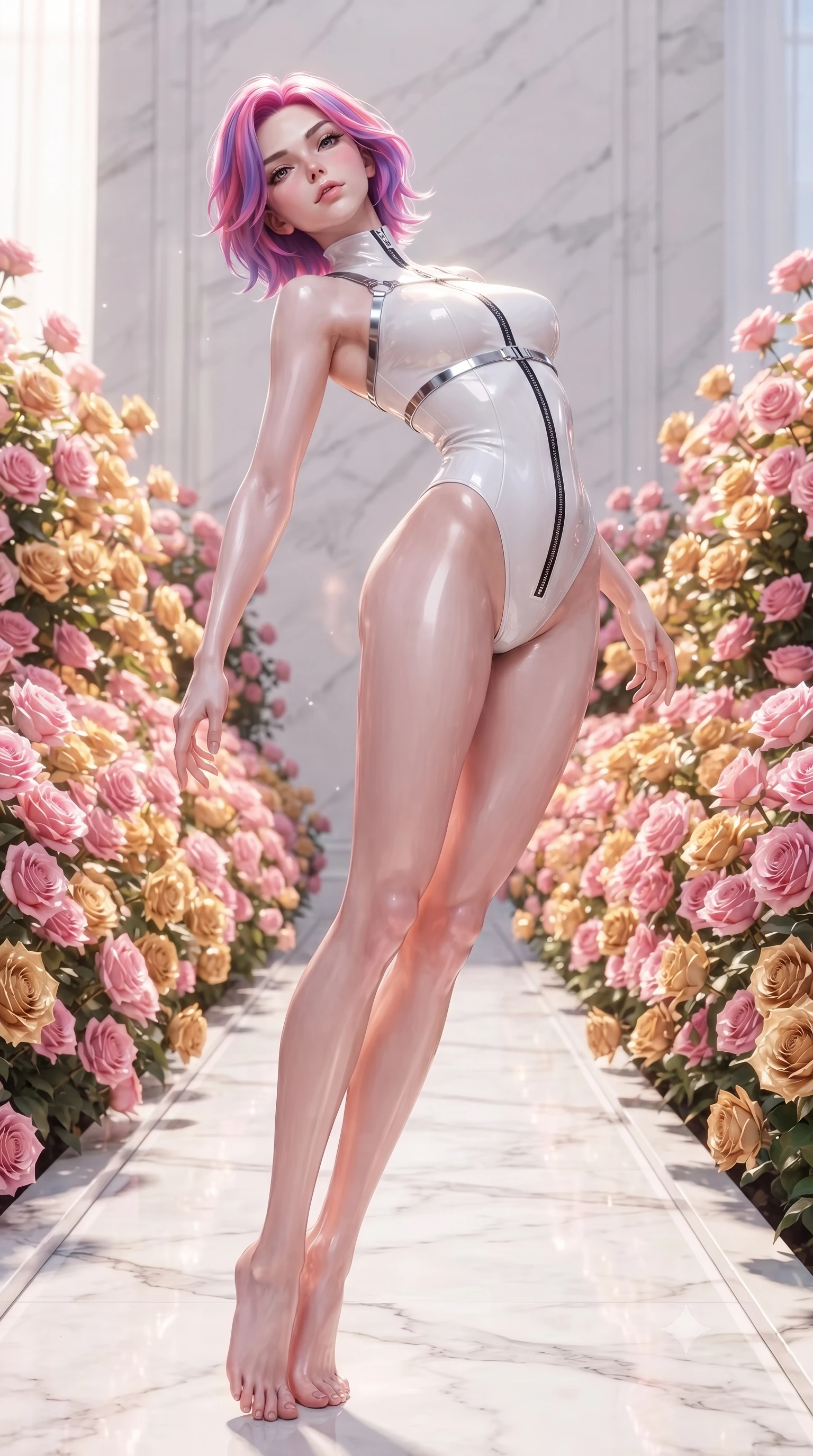 score_9, masterpiece, best quality, ultra-detailed, high-budget anime keyframe, editorial fashion photography, tasteful artistic composition, Caucasian woman. low angle full-body shot from head to toe showing her feet, filling the entire 9:16 vertical frame with her statuesque presence, stretching her vertical silhouette. arching her back in a fluid zero-gravity turn with sovereign grace, her long slender legs and sculpted torso creating a sweeping line while pivoting dynamically along a white marble aisle lined with fragrant pink and golden roses catching brilliant sunlight. The surrounding environment is rendered in vivid detail and crisp panoramic clarity. vibrant natural and crystalline flower textures captured with environmental sharpness. She has an absolutely perfect, statuesque 8.5-heads proportion, an exceptionally tall and slender model-like female figure with impossibly long slender legs, a toned flat midriff, and an ultra-slim waist. sharp v-shaped jawline, high-bridge nose, intricate jewel-like eyes with depth, thick eyelashes, glossy lips with a natural sheen, flawlessly proportioned anatomical accuracy, strict slender model proportions, natural body alignment, perfectly sculpted long slender limbs, ultra-slim waistline, clean dynamic posture without body distortion. wearing a glossy white second-skin latex bodysuit with high-thigh cuts, exposed clavicle neckline, and gleaming zipper details in high-gloss monochrome white and sharp black contrast, formed from high-gloss patent material with specular light reflections, reinforced by a sleek metallic chrome harness and delicate glowing micro-straps, the sleek second-skin cut tightly hugging her graceful clavicle, narrow waist, and feminine curves with athletic precision. surrounded by a pure, romantic, and breathtakingly alluring floral sanctuary atmosphere. ultra-reflective glossy finish, specular highlights, metallic sheen, high-contrast stereoscopic depth, volumetric dynamic lighting, 2k, ultra detail, master piece, 9:16 ratio