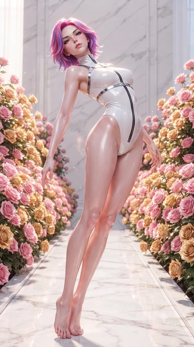 score_9, masterpiece, best quality, ultra-detailed, high-budget anime keyframe, editorial fashion photography, tasteful artistic composition, Caucasian woman. low angle full-body shot from head to toe showing her feet, filling the entire 9:16 vertica