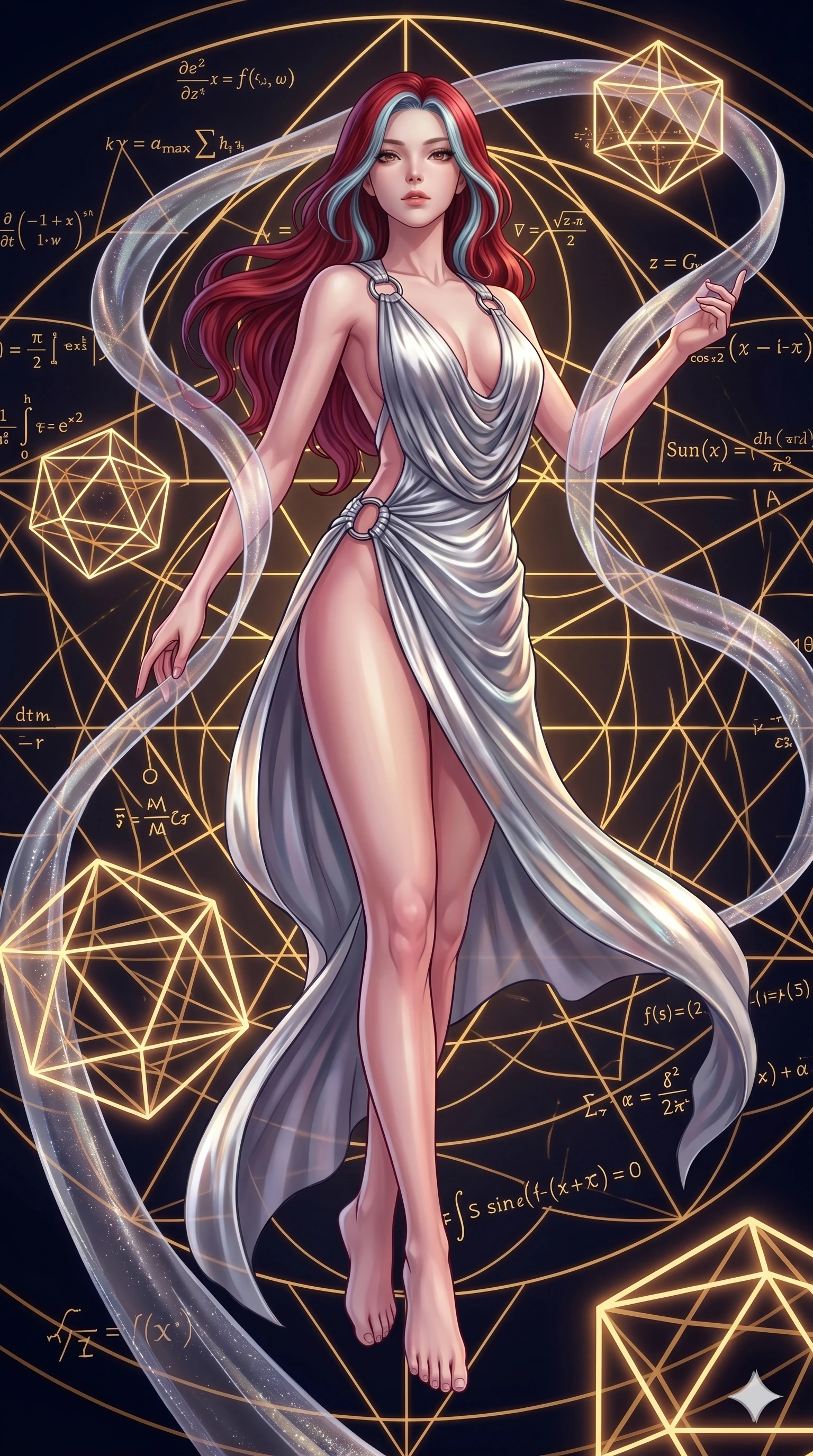 score_9, masterpiece, best quality, ultra-detailed, high-budget anime keyframe, Caucasian woman, strictly human ears. low angle full-body shot filling the entire 9:16 frame with her statuesque presence, stretching the vertical silhouette. floating gracefully in a mathematical mandala void filled with golden geometric lines of complex formulas, holding a translucent ribbon as she glides between floating regular polyhedrons. She has an absolutely perfect 8-heads proportion, an exceptionally tall and slender female figure with impossibly long slender legs and an ultra-slim waist. V-shaped jawline, high-bridge nose, intricate jewel-like eyes with depth, thick eyelashes, glossy lips with a natural sheen.. wearing a draped Grecian cyber-gown, featuring draped silver metallic chiffon held by metal ring hardware, displaying a high-leg line. accented by dynamic color-blocked lighting with high-contrast shadows emphasizing her statuesque height. 2k, ultra detail, master piece, 9:16 ratio