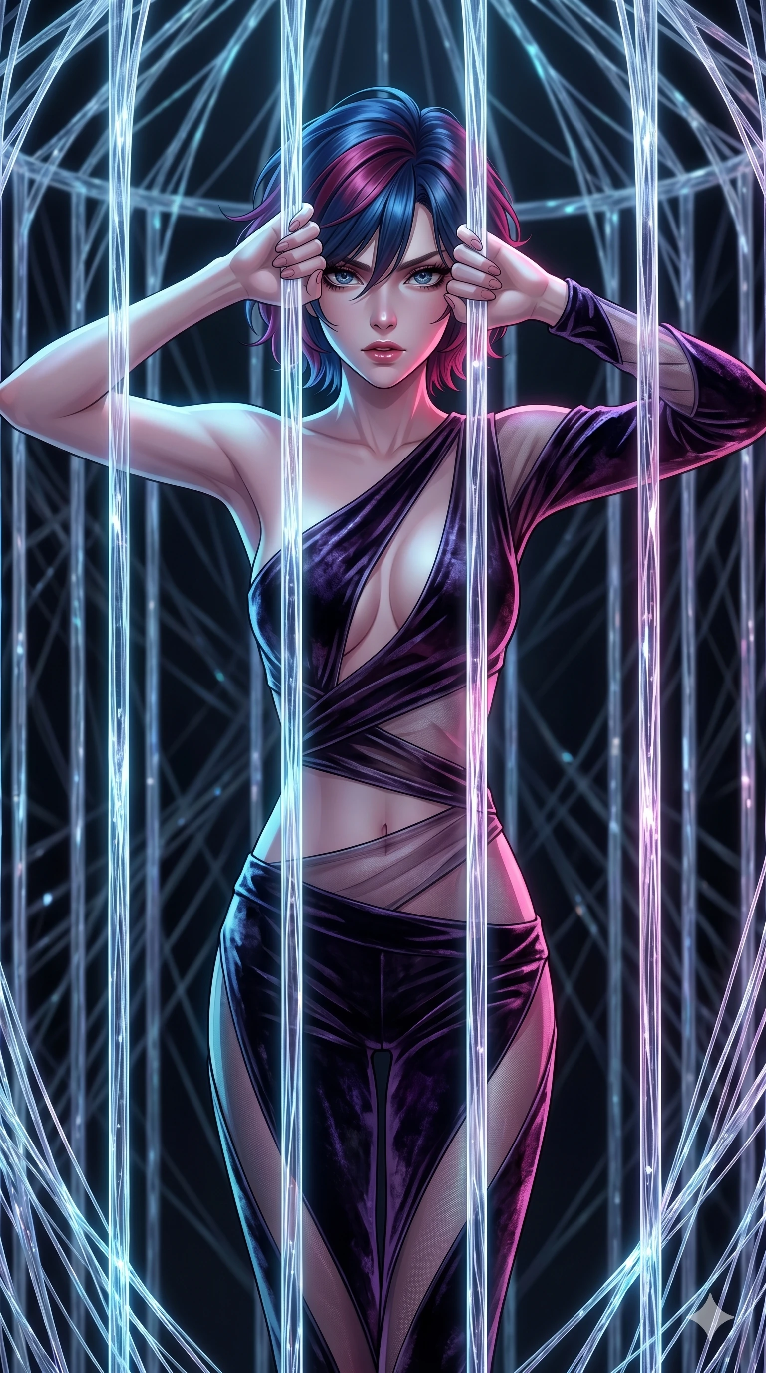 score_9, masterpiece, best quality, ultra-detailed, High-budget Anime Keyframe, East Asian woman. Dynamic full-body shot stretching the vertical silhouette to the limit. Scenario 292: Trapped in a cage of glowing crystalline fibers, body pressing against the bars. Her presence is magnetic and overpowering in this high-budget anime scene. Outfit 292: A crushed dark velvet second with a low-cut shoulder and translucent layers. The clothing is designed to emphasize her exceptionally tall and slender 8-heads proportion. 8-heads proportion, towering silhouette, ultra-slim waist. sharp v-shaped jawline, intricate jewel-like eyes with depth, thick eyelashes, glossy lips. 2k, ultra detail, master piece, 9:16 ratio