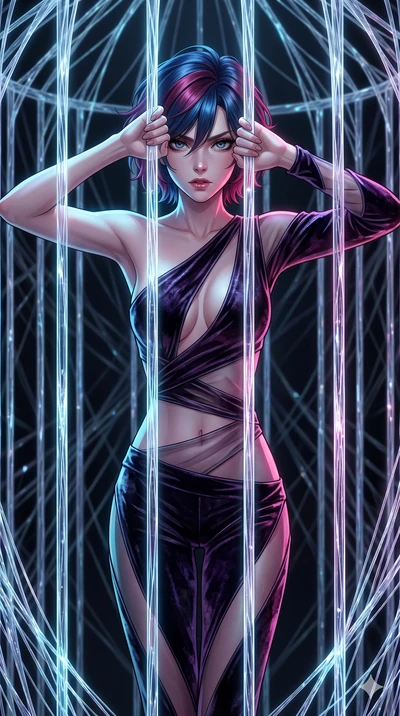 score_9, masterpiece, best quality, ultra-detailed, High-budget Anime Keyframe, East Asian woman. Dynamic full-body shot stretching the vertical silhouette to the limit. Scenario 292: Trapped in a cage of glowing crystalline fibers, body pressing aga