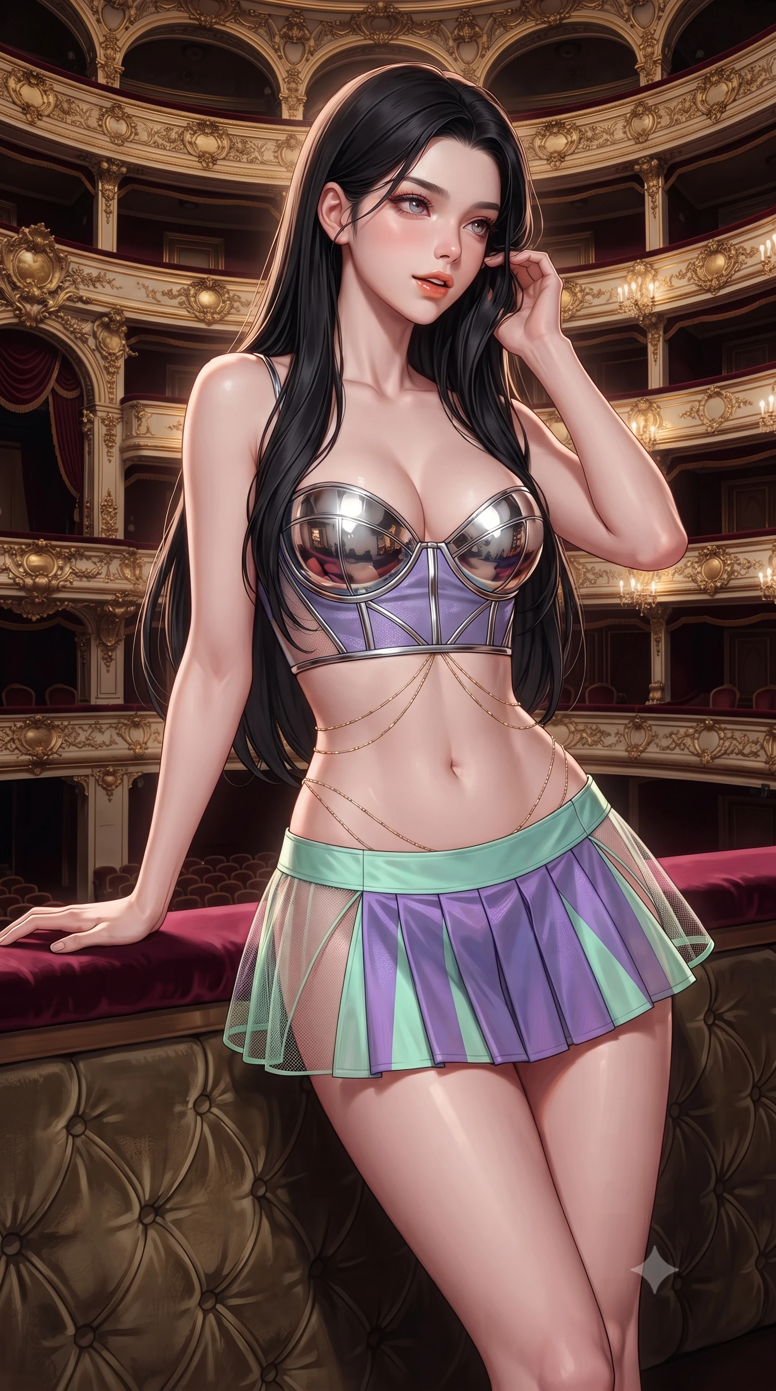 score_9, masterpiece, best quality, ultra-detailed, high-budget anime keyframe, editorial fashion photography, tasteful artistic composition, Korean woman. close-up cowboy shot from the waist and thighs up, the character dominates the composition, filling the frame with her large presence. gently brushing a lock of hair behind her ear while casting a playful, flirtatious side-gaze with long eyelashes while leaning against the velvet-tufted balcony rail with hips cocked back, looking through tiers of gilded opera boxes with smoldering bedroom-eyes. The surrounding environment is rendered in vivid detail and crisp panoramic clarity: detailed evening dress tailoring, lace accents, and opulent European baroque opera craft in high resolution. She has an exceptionally elegant, slender, and willowy female figure with an ultra-slim waist, flat toned midriff, narrow ribcage, and sculpted feminine hips creating an alluring, slim hourglass silhouette without bulk. sharp v-shaped jawline, high-bridge nose, intricate jewel-like sparkling eyes with depth, thick eyelashes, glossy parted lips with a natural peach sheen, bright cheerful beaming smile with an enchanting and coquettish sensual glint, exuding both youthful cute charm and seductive allure, flawlessly proportioned anatomical accuracy, strict slender model proportions, natural body alignment, perfectly sculpted long slender limbs, ultra-slim waistline, clean dynamic posture without body distortion. wearing a chrome-plated structured underwire bustier top paired with an ultra-short low-rise pleated micro mini skirt in phosphorescent ultraviolet amethyst and mint green, featuring strategic sheer-illusion tulle side panels framing her ribcage and hips, accented with a dainty gold belly chain resting across her flat midriff and curving hips, the impeccably tailored cut draping gracefully along her slender figure with aristocratic poise. illuminated by parquet floor reflection bounce and sharp rose-gold rim lights sculpting her jawline, narrow waist, and curvy hips. ultra-reflective glossy finish, specular highlights, rich textural contrasts, high-contrast stereoscopic depth, volumetric dynamic lighting, 2k, ultra detail, master piece, 9:16 ratio