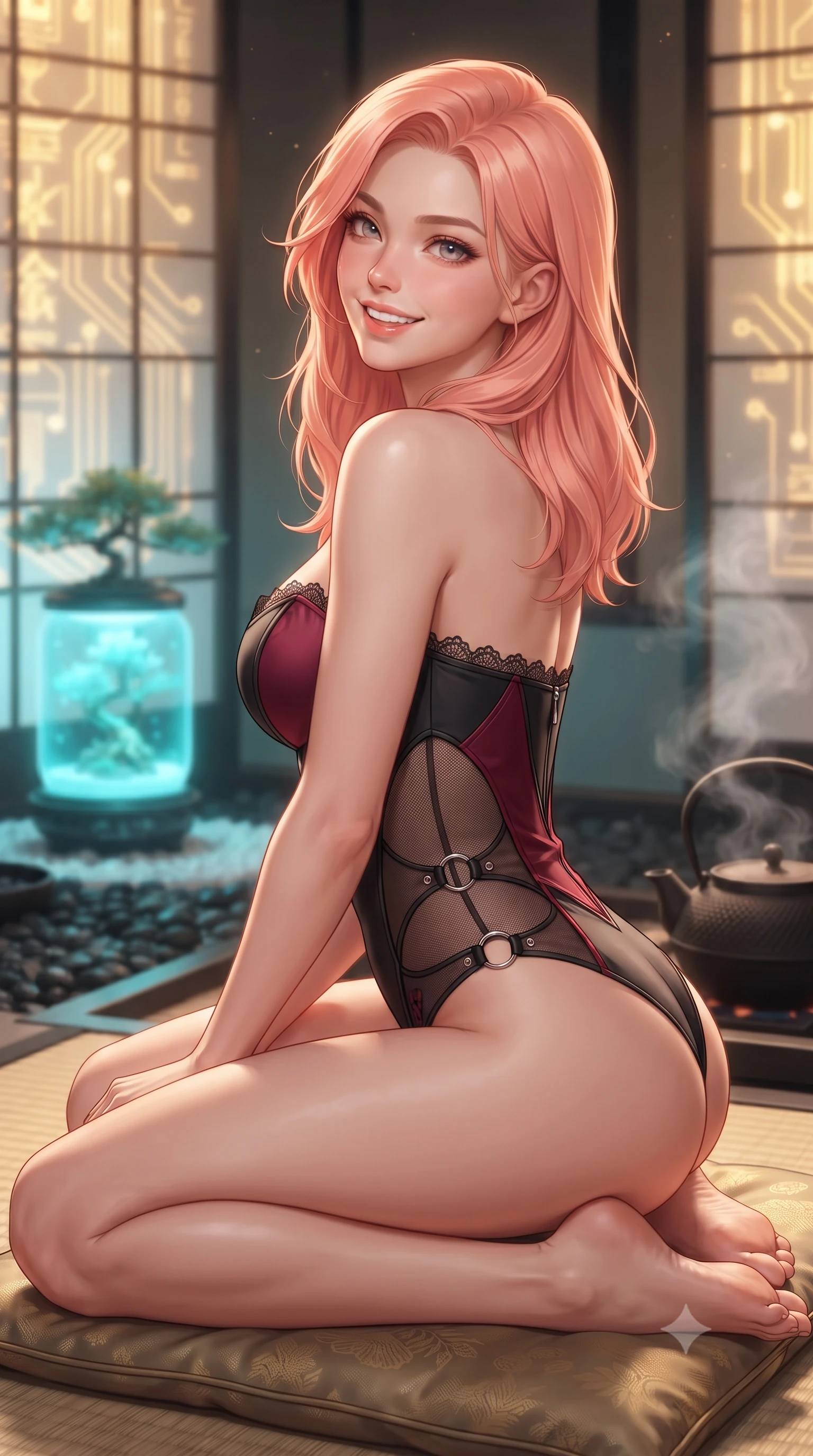 score_9, masterpiece, best quality, ultra-detailed, high-budget anime keyframe, editorial fashion photography, tasteful artistic composition, Japanese woman. close-up cowboy shot from the waist and thighs up, the character dominates the composition, filling the frame with her large presence. posing in an alluring rear three-quarter angle, looking over a bare shoulder with parted glossy lips, her hips cocked back to highlight her slim hourglass curve while sitting gracefully in seiza on the silk floor cushion with legs folded, flashing an enchanting smile with parted glossy lips as steam rises from the cast-iron kettle. The background shows a soft-focus golden circuitry calligraphy pulsing on translucent paper screens, glowing cyan cryo-bonsai vessel, and black pebble garden blurred into gold, cyan, and ebony bokeh. She has an exceptionally elegant, slender, and willowy female figure with an ultra-slim waist, flat toned midriff, narrow ribcage, and sculpted feminine hips creating an alluring, slim hourglass silhouette without bulk. sharp v-shaped jawline, high-bridge nose, intricate jewel-like sparkling eyes with depth, thick eyelashes, glossy parted lips with a natural peach sheen, bright cheerful beaming smile with an enchanting and coquettish sensual glint, exuding both youthful cute charm and seductive allure, flawlessly proportioned anatomical accuracy, strict slender model proportions, natural body alignment, perfectly sculpted long slender limbs, ultra-slim waistline, clean dynamic posture without body distortion. wearing an alluring plunging sweetheart tactical bodice with sheer mesh side-waist cutouts contouring her ribs in Star-Fortress obsidian black and imperial crimson, adorned with delicate chrome ring hardware and cutouts along her slender waist, finished with scalloped eyelash lace trim framing her sweetheart neckline with intimate elegance, the second-skin tailored fabric adhering flawlessly to her sculpted flat midriff and slender torso, emphasizing her long leg lines and perfectly proportioned willowy build. illuminated by black tatami reflection bounce and sharp warm-gold rim lights sculpting her jawline, narrow waist, and curvy hips. ultra-reflective glossy finish, specular highlights, rich textural contrasts, high-contrast stereoscopic depth, volumetric dynamic lighting, 2k, ultra detail, master piece, 9:16 ratio