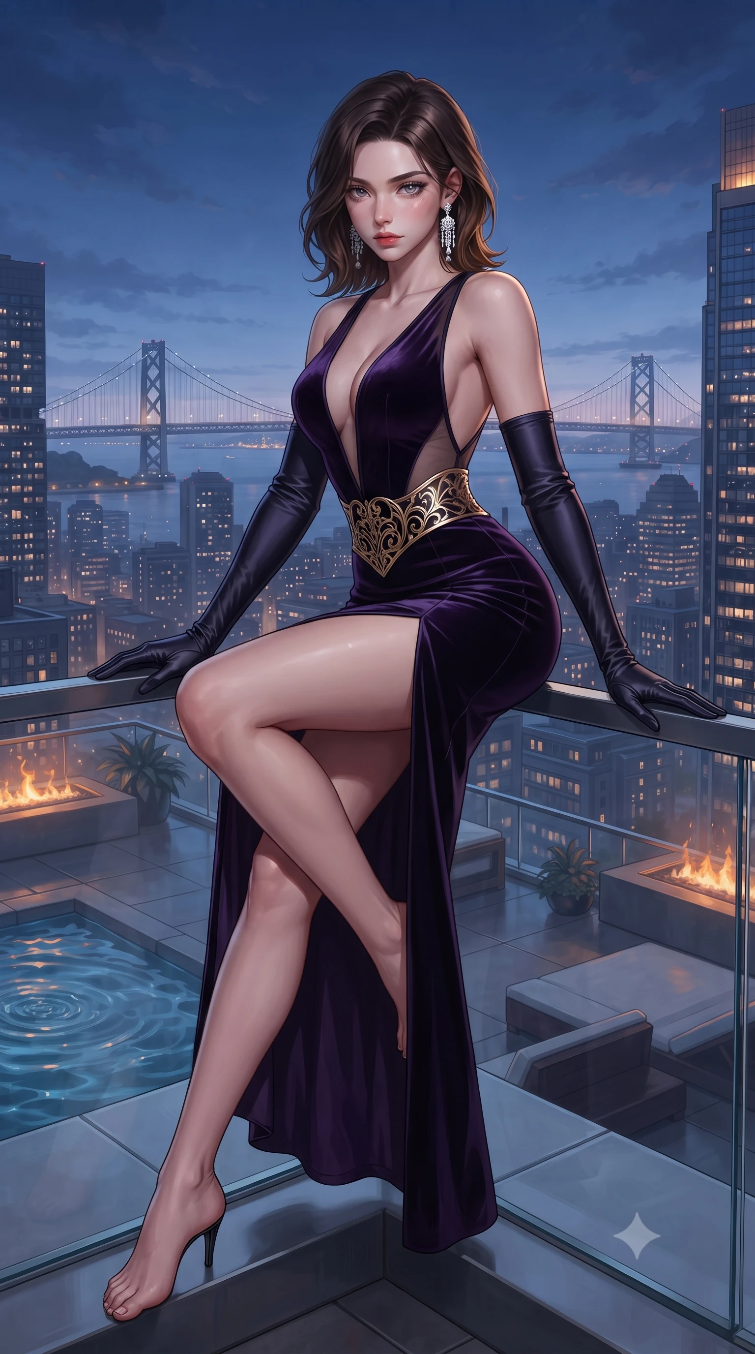 score_9, masterpiece, best quality, ultra-detailed, high-budget anime keyframe, editorial fashion photography, tasteful artistic composition, Korean woman. low angle full-body shot from head to toe showing her feet, filling the entire 9:16 vertical frame with her statuesque presence, stretching her vertical silhouette. sitting perched on the elevated ledge with hips angled toward the camera and legs crossed, displaying her toned midriff and flawlessly sculpted slender limbs while resting both hands on the low glass railing with lower back arched, casting an alluring over-the-shoulder bedroom-glance toward the camera. The surrounding environment is rendered in vivid detail and crisp panoramic clarity. detailed skyscraper skyline panoramas, distant suspension bridges, and pool water ripples in high resolution. She has an absolutely perfect, statuesque 8.5-heads proportion, an exceptionally tall and slender model-like female figure with impossibly long slender legs, a toned flat midriff, an ultra-slim waist, and beautifully sculpted feminine hips. sharp v-shaped jawline, high-bridge nose, intricate jewel-like eyes with depth, thick eyelashes, glossy parted lips with a natural sheen, intensely captivating and seductive bedroom-eyes expression, flawlessly proportioned anatomical accuracy, strict slender model proportions, natural body alignment, perfectly sculpted long slender limbs, ultra-slim waistline, clean dynamic posture without body distortion. wearing a sleek obsidian column dress with gold filigree hip cincher and plunging backline in imperial purple velvet and antique gold, made of sheer contouring mesh with velvet flocking patterns, complemented by opera-length satin gloves and sparkling chandelier earrings, the precision-cut side openings and low-back scoop framing her graceful spine and the sensual sweep of her hips. bathed in twilight indigo sky tones and warm amber rooftop fire pit glow. ultra-reflective glossy finish, specular highlights, rich textural contrasts, high-contrast stereoscopic depth, volumetric dynamic lighting, 2k, ultra detail, master piece, 9:16 ratio