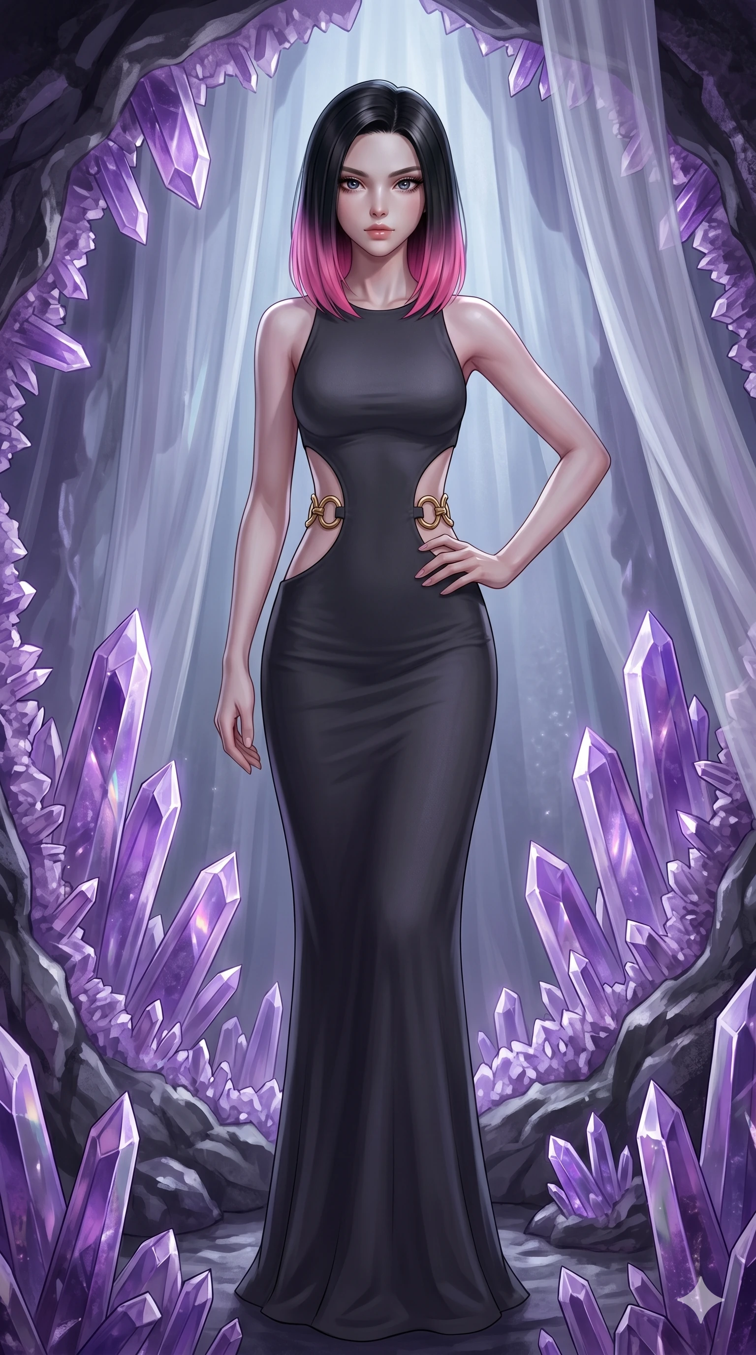 score_9, masterpiece, best quality, ultra-detailed, high-budget anime keyframe, editorial fashion photography, tasteful artistic composition, Caucasian woman, strictly human ears. cowboy shot from the thighs up, character and outfit filling the frame for maximum editorial presence. Holding a confident power pose with one hand on her hip inside a crystalline geode cavern lined with towering amethyst spires casting violet prismatic light. She has an absolutely perfect 8-heads proportion, an exceptionally tall and slender female figure with impossibly long slender legs and an ultra-slim waist. V-shaped jawline, high-bridge nose, intricate jewel-like eyes with depth, thick eyelashes, glossy lips with a natural sheen. wearing a dark charcoal fitted floor-length gown with dramatic curved architectural cutouts at the sides of the torso framed by gold ring hardware, emphasizing the ultra-slim waist. bathed in cold silver moonlight filtered through translucent gossamer curtains casting soft shadows on her curves. 2k, ultra detail, master piece, 9:16 ratio