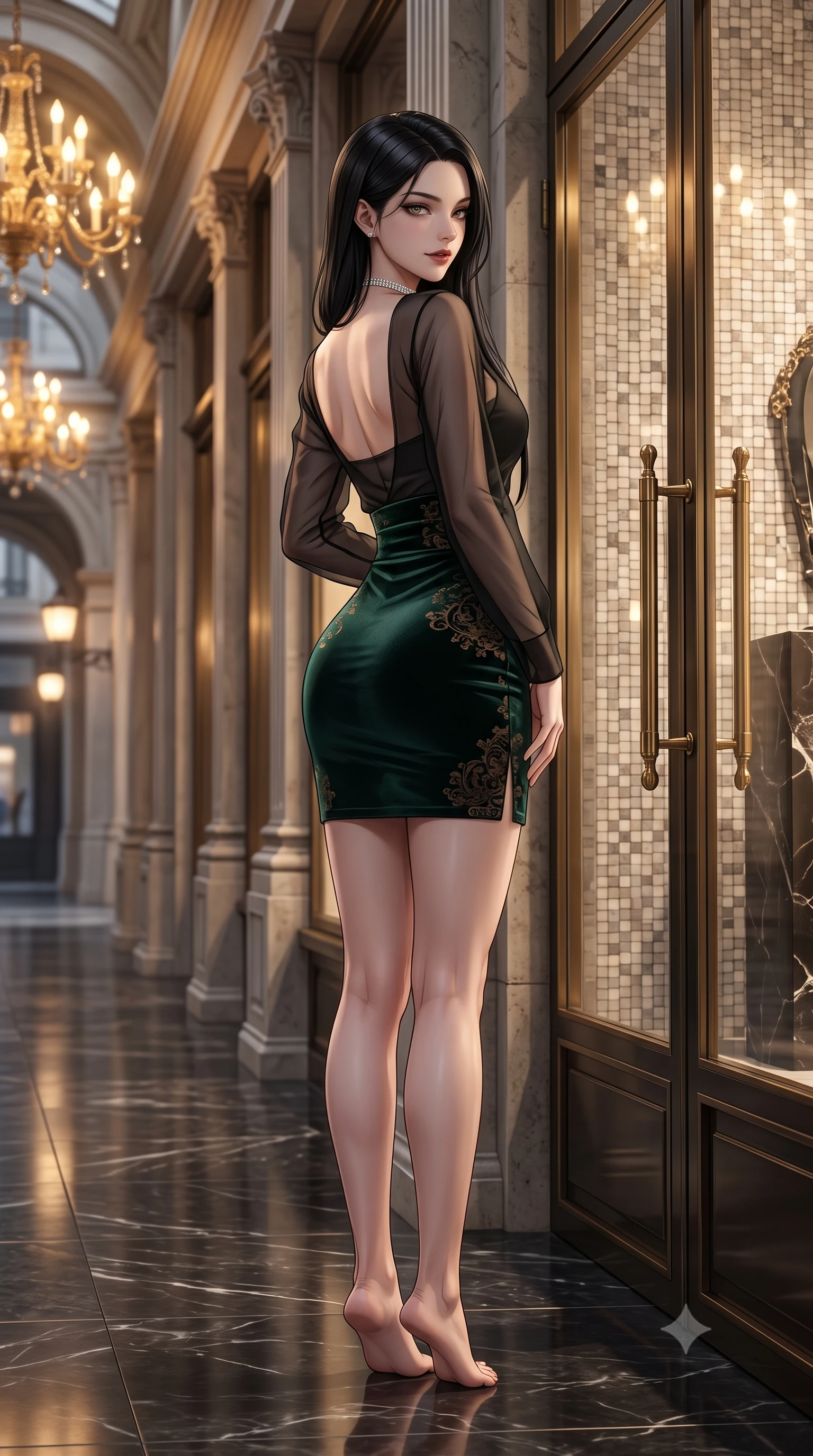 score_9, masterpiece, best quality, ultra-detailed, high-budget anime keyframe, editorial fashion photography, tasteful artistic composition, Korean woman. low angle full-body shot from head to toe showing her feet, filling the entire 9:16 vertical frame with her statuesque presence, stretching her vertical silhouette. posing with back turned slightly to the lens, glancing back with an intoxicating, dangerous smile as she arches her lower back to emphasize her sculpted feminine hips and slender waist while pausing beside a dark luxury designer boutique window with hips cocked back, looking over a bare shoulder with an intoxicating, smoldering gaze. The surrounding environment is rendered in vivid detail and crisp panoramic clarity. sharp marble mosaic tile tesserae, carved neoclassical stone pilasters, and brass window frame hardware in deep focus. She has an exceptionally tall and slender model-like 8.5-heads proportion, an ultra-slim waist, a flat toned midriff, narrow delicate ribcage, and beautifully sculpted feminine hips creating a graceful, slim hourglass silhouette without any bulky heaviness, with impossibly long slender legs. sharp v-shaped jawline, high-bridge nose, intricate jewel-like dark sparkling eyes with dangerous depth, thick curled eyelashes, glossy parted lips with a rich wine sheen, smoldering seductive half-smile with bedroom-eyes, exuding effortless superiority and intoxicating dark allure, flawlessly proportioned anatomical accuracy, strict slender model proportions, natural body alignment, perfectly sculpted long slender limbs, ultra-slim waistline, clean dynamic posture without body distortion. wearing a modern fusion dark hanbok mini dress with a sheer silk organza jeogori and high-waisted velvet wrap skirt in dark emerald green and brushed antique bronze, made of liquid-tight stretch jersey emphasizing every curve of her body, finished with a delicate diamond choker catching the chandelier light, the liquid-tight tailored fabric clinging flawlessly to her narrow waist and rounded feminine hips, emphasizing every millimeter of her sculpted slim hourglass curves without any bulky heaviness. bathed in majestic golden arcade chandelier light and soft ambient streetlamp wash. ultra-reflective glossy finish, specular highlights, rich textural contrasts, high-contrast stereoscopic depth, volumetric dynamic lighting, 2k, ultra detail, master piece, 9:16 ratio