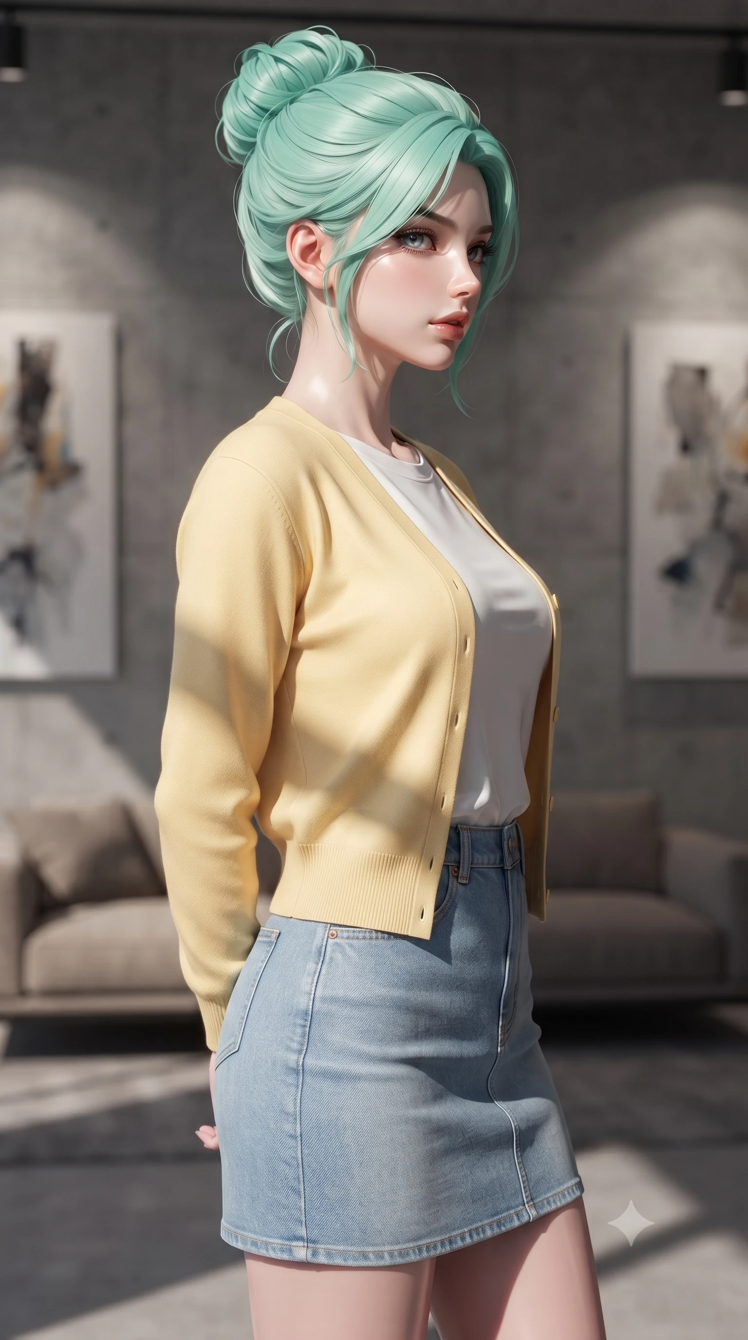 score_9, masterpiece, best quality, ultra-detailed, high-budget anime keyframe, editorial fashion photography, tasteful artistic composition, Japanese woman woman. close-up cowboy shot from the waist and thighs up, the character dominates the composition, filling the frame with her large presence, background elements kept in soft focus. turning her face in sharp profile, casting a cold, mysterious, yet intensely alluring side gaze, the background shows a soft-focus a private modern art gallery with concrete walls, abstract canvases, and a low couch. She has an exceptionally elegant, slender, and willowy female figure with an ultra-slim waist, a gracefully sculpted slender torso, and a refined silhouette. sharp v-shaped jawline, high-bridge nose, intricate jewel-like eyes with depth, thick eyelashes, glossy lips with a natural sheen. wearing a form-contouring soft yellow cardigan over a white t-shirt and light blue denim skirt. focused spotlights casting sharp, dramatic geometric shadows across her form. ultra-reflective glossy finish, specular highlights, metallic sheen, high-contrast stereoscopic depth, volumetric dynamic lighting, 2k, ultra detail, master piece, 9:16 ratio