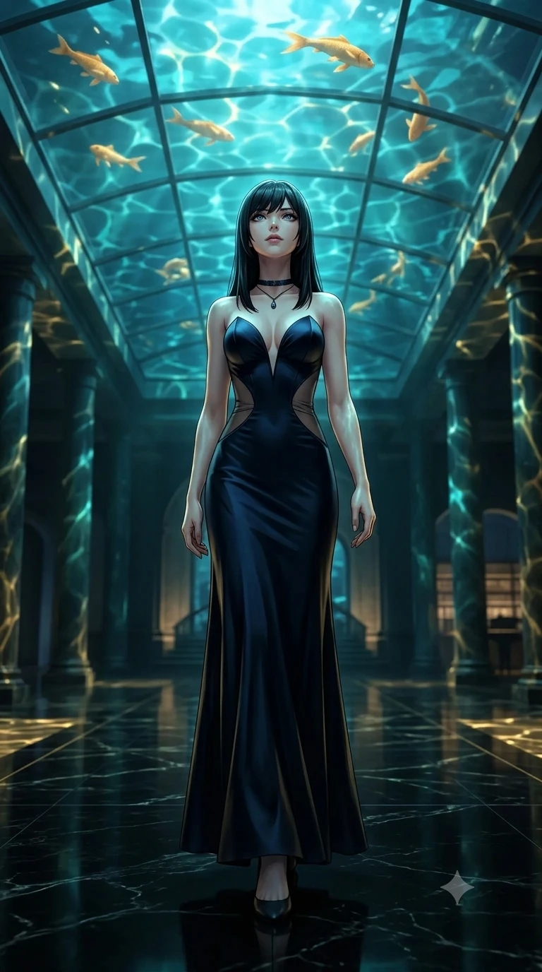 score_9, masterpiece, best quality, ultra-detailed, high-budget anime keyframe, semi-realistic 3D game render, editorial fashion photography, tasteful artistic composition, Caucasian woman. low angle full-body shot from head to toe showing her feet, filling the entire 9:16 vertical frame with her statuesque presence, stretching her vertical silhouette. navigating the midnight sanctuary with an effortless, graceful stride, hips swaying in an alluring sensual rhythm while standing poised on the black marble floor beneath the transparent glass ceiling, looking up as golden koi swim through illuminated waters overhead. The background shows a soft-focus subterranean palace atrium softened in aquatic architecture shallow focus. She has an absolutely perfect, statuesque 8.5-heads proportion, an exceptionally tall and slender model-like female figure with impossibly long slender legs, an ultra-slim waist, a flat toned midriff, narrow delicate ribcage, and beautifully sculpted feminine hips creating a graceful, slim hourglass silhouette without any bulky heaviness. sharp v-shaped jawline, high-bridge nose, intricate jewel-like dark sparkling eyes with hypnotic seductive depth, thick curled eyelashes, glossy parted lips with a natural wine sheen, alluring bedroom-eyes with an enigmatic smoldering smile, exuding magnetic sovereign charisma and dark avant-garde glamour, flawlessly proportioned anatomical accuracy, strict slender model proportions, natural body alignment, perfectly sculpted long slender limbs, ultra-slim waistline, clean dynamic posture without body distortion. wearing an alluring plunging sweetheart bodice dress with sheer mesh side-waist cutouts contouring her ribs in midnight navy blue and smoky pitch black, tailored from soft dark satin with subtle light-absorbing depth, finished with a minimalist dark choker and a single teardrop pendant, the bespoke structured tailoring following the natural line of her 8.5-heads silhouette with refined elegance. bathed in mesmerizing aquatic turquoise and gold light caustics filtering down through the transparent ceiling pool. highly saturated vibrant anime colors, detailed shading with soft gradients, rich glossy textures, high-contrast stereoscopic depth, volumetric dynamic lighting, master piece, 9:16 ratio