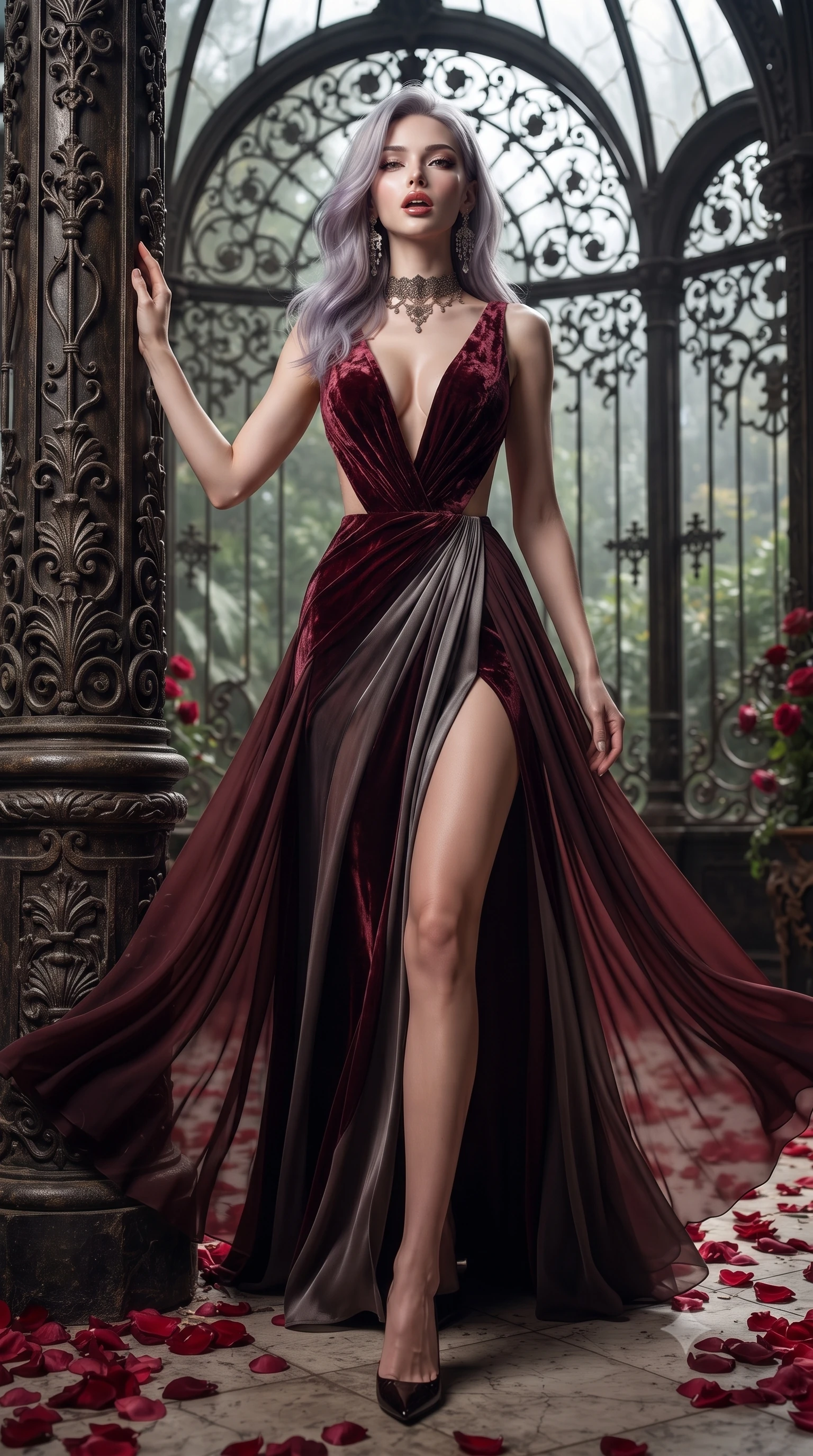 score_9, masterpiece, best quality, ultra-detailed, high-budget anime keyframe, editorial fashion photography, tasteful artistic composition, Caucasian woman. low angle full-body shot from head to toe showing her feet, filling the entire 9:16 vertical frame with her statuesque presence, stretching her vertical silhouette. striding forward in a proud, dynamic supermodel runway stride, hips swaying in an alluring kinetic rhythm that stretches her silhouette while leaning back against an ornate wrought-iron conservatory pillar, head tilted in ecstasy with parted glossy lips. The surrounding environment is rendered in vivid detail and crisp panoramic clarity. intricate wrought-iron filigree, velvet rose petal textures, and cracked marble masonry in sharp focus. She has an absolutely perfect, statuesque 8.5-heads proportion, an exceptionally tall and slender model-like female figure with impossibly long slender legs, a toned flat midriff, and an ultra-slim waist. sharp v-shaped jawline, high-bridge nose, intricate jewel-like eyes with depth, thick eyelashes, glossy parted lips with a natural sheen, intensely captivating and seductive expression, flawlessly proportioned anatomical accuracy, strict slender model proportions, natural body alignment, perfectly sculpted long slender limbs, ultra-slim waistline, clean dynamic posture without body distortion. wearing a plunging-V neckline crushed velvet corseted evening gown with an open scooped back and high-cut thigh slit in deep garnet and brushed dark platinum, woven from layered gossamer chiffon with a weightless sweeping drape, finished with a dramatic filigree Victorian choker and chandelier earrings, the dramatically scooped open back descending to the base of her spine, accentuating her razor-sharp statuesque lines and slim hourglass silhouette. illuminated by dramatic chiaroscuro key light sharply carving her slender waist, bare collarbones, and jawline. ultra-reflective glossy finish, specular highlights, rich textural contrasts, high-contrast stereoscopic depth, volumetric dynamic lighting, 2k, ultra detail, master piece, 9:16 ratio