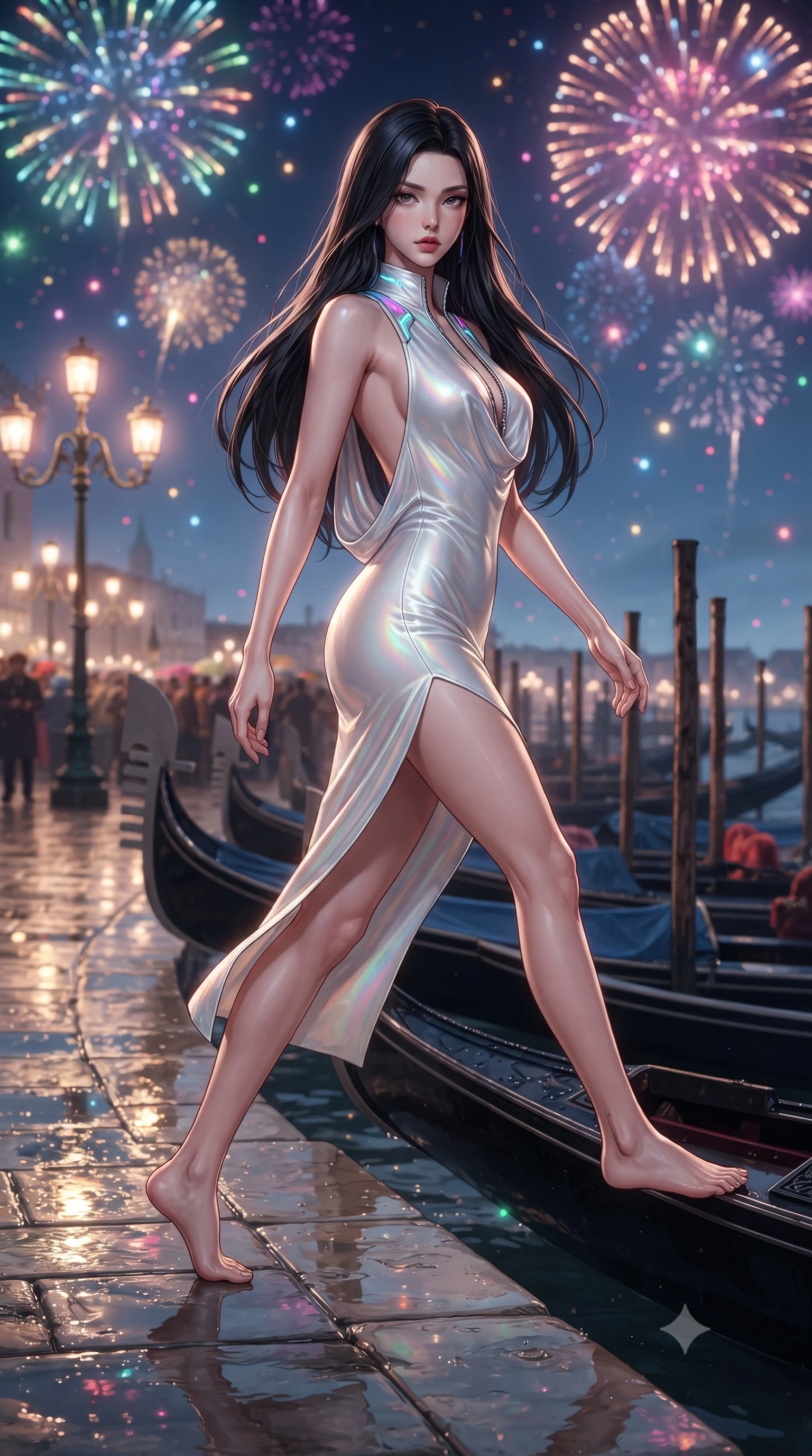 score_9, masterpiece, best quality, ultra-detailed, high-budget anime keyframe, editorial fashion photography, tasteful artistic composition, Korean woman. low angle full-body shot from head to toe showing her feet, filling the entire 9:16 vertical frame with her statuesque presence, stretching her vertical silhouette. striding forward in a proud, statuesque motion with a dangerous smolder, her vertical silhouette dominating the frame from head to toe while stepping off the gondola onto a flooded marble piazza catching dramatic moonlight and lantern light reflections. The composition keeps background elements in soft focus with creamy bokeh. glowing carnival fireworks scattering colorful light motes across a romantic evening sky. She has an absolutely perfect, statuesque 8.5-heads proportion, an exceptionally tall and slender model-like female figure with impossibly long slender legs, a toned flat midriff, and an ultra-slim waist. sharp v-shaped jawline, high-bridge nose, intricate jewel-like eyes with depth, thick eyelashes, glossy lips with a natural sheen, flawlessly proportioned anatomical accuracy, strict slender model proportions, natural body alignment, perfectly sculpted long slender limbs, ultra-slim waistline, clean dynamic posture without body distortion. wearing a precision-fitted liquid jersey bodycon dress with a dramatic draped cowl back that swoops down to her waist and a high side slit in glistening liquid pearl white with rainbow opalescence, made of liquid metal jersey that clings flawlessly to every contour of her build, featuring a dangerously unzipped neckline framed by glowing cybernetic accents, the sleek second-skin cut tightly hugging her graceful clavicle, narrow waist, and feminine curves with athletic precision. illuminated by dramatic firework rim lights sharply defining her ultra-slim waist and long legs. ultra-reflective glossy finish, specular highlights, metallic sheen, high-contrast stereoscopic depth, volumetric dynamic lighting, 2k, ultra detail, master piece, 9:16 ratio