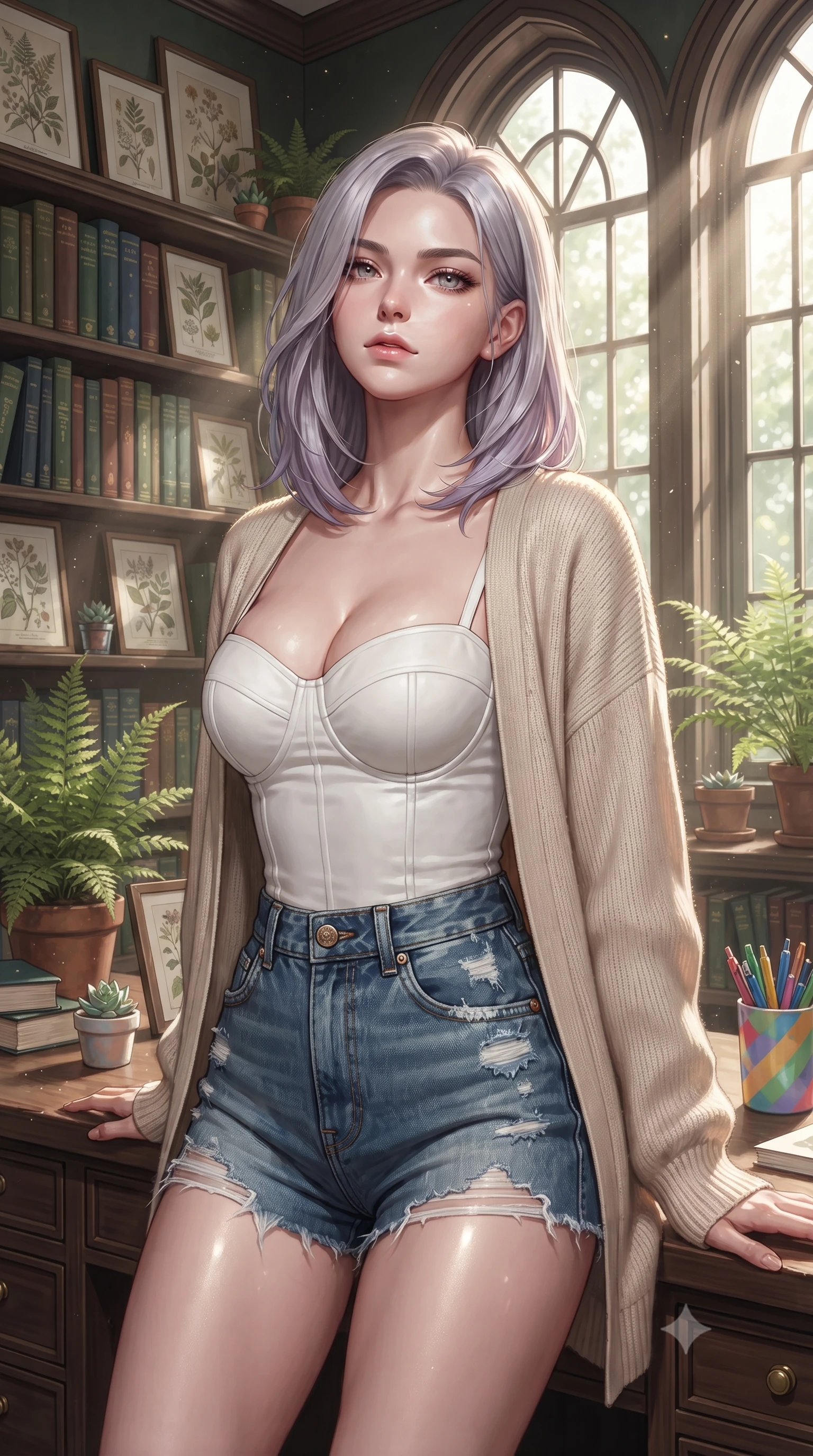 score_9, masterpiece, best quality, ultra-detailed, high-budget anime keyframe, editorial fashion photography, tasteful artistic composition, Caucasian woman. close-up cowboy shot from the waist and thighs up, the character dominates the composition, filling the frame with her large presence, background elements kept in soft focus. tilting her chin up with a composed yet magnetic gaze under long dark eyelashes set against a soft-focus background of at a study desk in a botanical library filled with botanical drawings and potted ferns with a tiny succulent pot and a colorful cup of pens on the desk. She has an exceptionally elegant, slender, and willowy female figure with an ultra-slim waist, a gracefully sculpted slender torso, and a refined silhouette. sharp v-shaped jawline, high-bridge nose, intricate jewel-like eyes with depth, thick eyelashes, glossy lips with a natural sheen. wearing body-hugging tailored cotton bustier top paired with high-waist denim shorts and a light cardigan. bright morning sunbeams slicing through the tall arched windows. ultra-reflective glossy finish, specular highlights, metallic sheen, high-contrast stereoscopic depth, volumetric dynamic lighting, 2k, ultra detail, master piece, 9:16 ratio