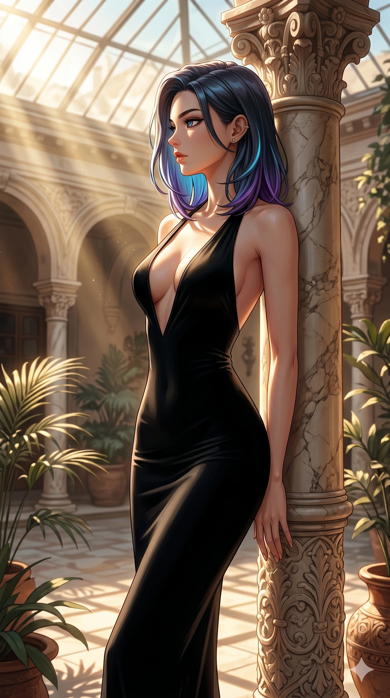 score_9, masterpiece, best quality, ultra-detailed, high-budget anime keyframe, editorial fashion photography, tasteful artistic composition, Caucasian woman, strictly human ears. cowboy shot from the thighs up, character and outfit filling the frame for maximum editorial presence. posing with quiet magnetic self-assurance, her face turned in a sharp profile against the golden light leaning against a marble column in a sun-drenched private courtyard of an old Spanish hacienda (Code-P036). She has an absolutely perfect 8-heads proportion, an exceptionally tall and slender female figure with impossibly long slender legs and an ultra-slim waist. V-shaped jawline, high-bridge nose, intricate jewel-like eyes with depth, thick eyelashes, glossy lips with a natural sheen. wearing a sleek form-fitting black bodycon dress with a dramatic plunging neckline and bare shoulders. drenched in soft morning sunbeams filtering through the glass roof, highlighting her delicate clavicle. 2k, ultra detail, master piece, 9:16 ratio
