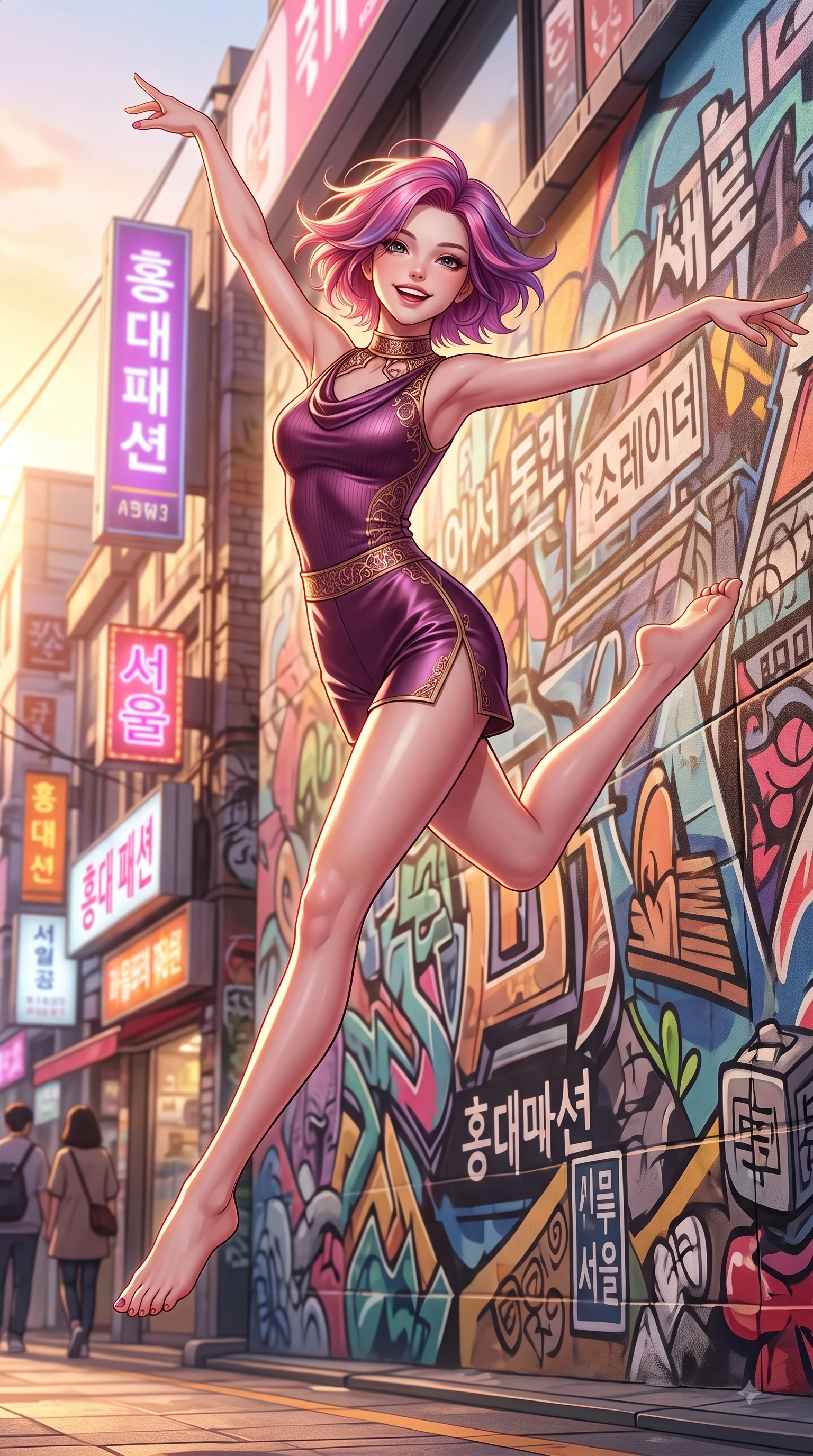 score_9, masterpiece, best quality, ultra-detailed, high-budget anime keyframe, editorial fashion photography, tasteful artistic composition, Caucasian woman. low angle full-body shot from head to toe showing her feet, filling the entire 9:16 vertical frame with her statuesque presence, stretching her vertical silhouette. leaping with pure youthful energy through mid-air with a radiant bright smile, her impossibly long slender legs stretched in balance while poised gracefully in front of a colorful graffiti wall on Hongdae fashion street at golden hour, vibrant urban street art and neon shop signs casting colorful ambient light around her. She has an absolutely perfect, statuesque 8.5-heads proportion, an exceptionally tall and slender model-like female figure with impossibly long slender legs and an ultra-slim waist. sharp v-shaped jawline, high-bridge nose, intricate jewel-like eyes with depth, thick eyelashes, glossy lips with a natural sheen, flawlessly proportioned anatomical accuracy, natural body alignment, perfectly sculpted elegant limbs, clean dynamic posture without body distortion. wearing a form-fitting ribbed activewear set with elegant collar cutouts in plum purple and gold filigree, crafted from lustrous satin jersey with fluid draping, finished with a sleek side slit ascending to mid-thigh, the elegant draped fit framing her graceful clavicle and slender torso. bathed in bright golden hour sunshine and warm urban ambient illumination. highly saturated vibrant anime colors, detailed shading with soft gradients, rich glossy textures, high-contrast stereoscopic depth, volumetric dynamic lighting, master piece, 9:16 ratio
