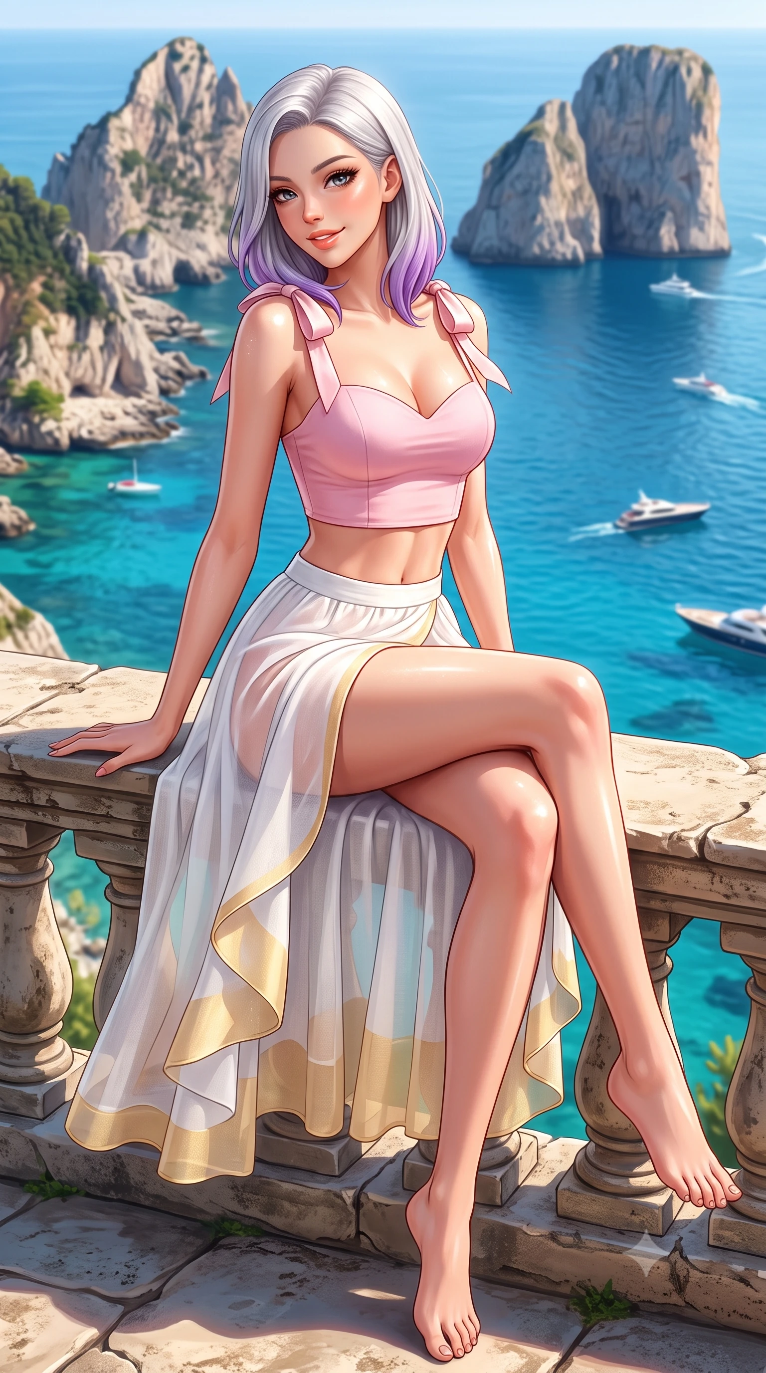 score_9, masterpiece, best quality, ultra-detailed, high-budget anime keyframe, semi-realistic 3D game render, editorial fashion photography, tasteful artistic composition, Caucasian woman. low angle full-body shot from head to toe showing her feet, filling the entire 9:16 vertical frame with her statuesque presence, stretching her vertical silhouette. sitting perched on the elevated edge with legs crossed and hips angled toward the camera, displaying her toned midriff and long slender limbs with a joyful, coquettish smile while perching on the ancient stone terrace wall with legs crossed, looking over a bare shoulder with a sun-kissed, teasing cute smile over the Faraglioni. The surrounding environment is rendered in vivid detail and crisp panoramic clarity. detailed linen sundress weave, sun-dappled skin highlights, and distant yacht clarity in high resolution. She has an exceptionally tall and slender model-like 8.5-heads proportion, an ultra-slim waist, a flat toned midriff, narrow delicate ribcage, and beautifully sculpted feminine hips creating a graceful, slim hourglass silhouette without any bulky heaviness, with impossibly long slender legs. sharp v-shaped jawline, high-bridge nose, intricate jewel-like sparkling eyes with depth, thick eyelashes, glossy parted lips with a natural peach sheen, bright cheerful beaming smile with an enchanting and coquettish sensual glint, exuding both youthful cute charm and seductive allure, flawlessly proportioned anatomical accuracy, strict slender model proportions, natural body alignment, perfectly sculpted long slender limbs, ultra-slim waistline, clean dynamic posture without body distortion. wearing a sweetheart-neckline baby-pink crop top with a high-slit wrap mini skirt accentuating her waist-to-hip curve in pure alabaster white and sun-kissed gold, woven from layered gossamer organza with weightless flutter, finished with cute satin bow ribbons tying at the shoulders, the form-fitting cut adhering flawlessly to her sculpted flat midriff and slender torso, emphasizing her long leg lines and perfectly proportioned willowy build. illuminated by intense specular sea surface glints defining her sculpted collarbones, narrow waist, and curvy hips. highly saturated vibrant anime colors, detailed shading with soft gradients, rich glossy textures, high-contrast stereoscopic depth, volumetric dynamic lighting, master piece, 9:16 ratio