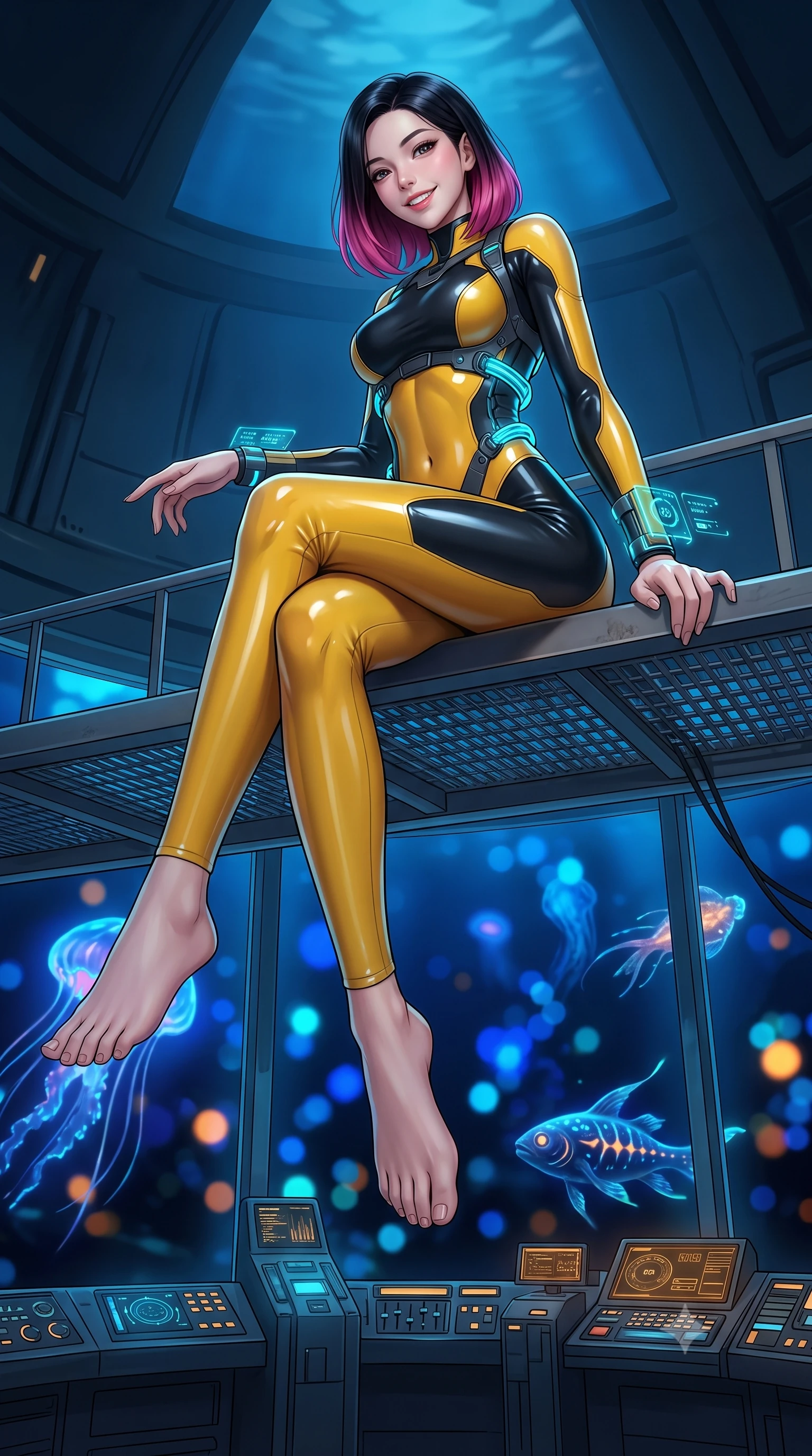 score_9, masterpiece, best quality, ultra-detailed, high-budget anime keyframe, semi-realistic 3D game render, editorial fashion photography, tasteful artistic composition, Korean woman. low angle full-body shot from head to toe showing her feet, filling the entire 9:16 vertical frame with her statuesque presence, stretching her vertical silhouette. sitting perched on the elevated maintenance gantry edge with legs crossed and hips angled toward the camera, displaying her toned midriff and long slender limbs with joyful, coquettish charm while standing inside the colossal pressurized acrylic dome facing the pitch-black abyss, arching her back as giant glowing sea creatures glide by. The background shows a soft-focus pitch-black oceanic trench waters illuminated by pulsating sapphire and amber deep-sea creature lights blurred into cobalt, cyan, and black bokeh. She has an absolutely perfect, statuesque 8.5-heads proportion, an exceptionally tall and slender model-like female figure with impossibly long slender legs, an ultra-slim waist, a flat toned midriff, narrow delicate ribcage, and beautifully sculpted feminine hips creating a graceful, slim hourglass silhouette without any bulky heaviness. sharp v-shaped jawline, high-bridge nose, intricate jewel-like sparkling eyes with depth, thick eyelashes, glossy parted lips with a natural sheen, bright confident smile with an enchanting and coquettish sensual glint, exuding both youthful magnetic charm and sovereign high-tech allure, flawlessly proportioned anatomical accuracy, strict slender model proportions, natural body alignment, perfectly sculpted long slender limbs, ultra-slim waistline, clean dynamic posture without body distortion. wearing a form-contouring exo-suit chassis with glowing cyan hydraulic spine braces worn over an ultra-slim bodysuit in industrial hazard yellow and matte carbon black, made of smooth liquid latex with high-contrast stereoscopic depth and wet shine, featuring sleek glowing cyan HUD display wrist cuffs with floating data telemetry, the form-contouring cut accentuating her sculpted flat midriff, narrow delicate ribcage, and gracefully curvy hips with cybernetic supermodel precision. bathed in eerie deep-sea sapphire bioluminescence and warm interior instrument glow. highly saturated vibrant anime colors, detailed shading with soft gradients, rich glossy textures, high-contrast stereoscopic depth, volumetric dynamic lighting, master piece, 9:16 ratio