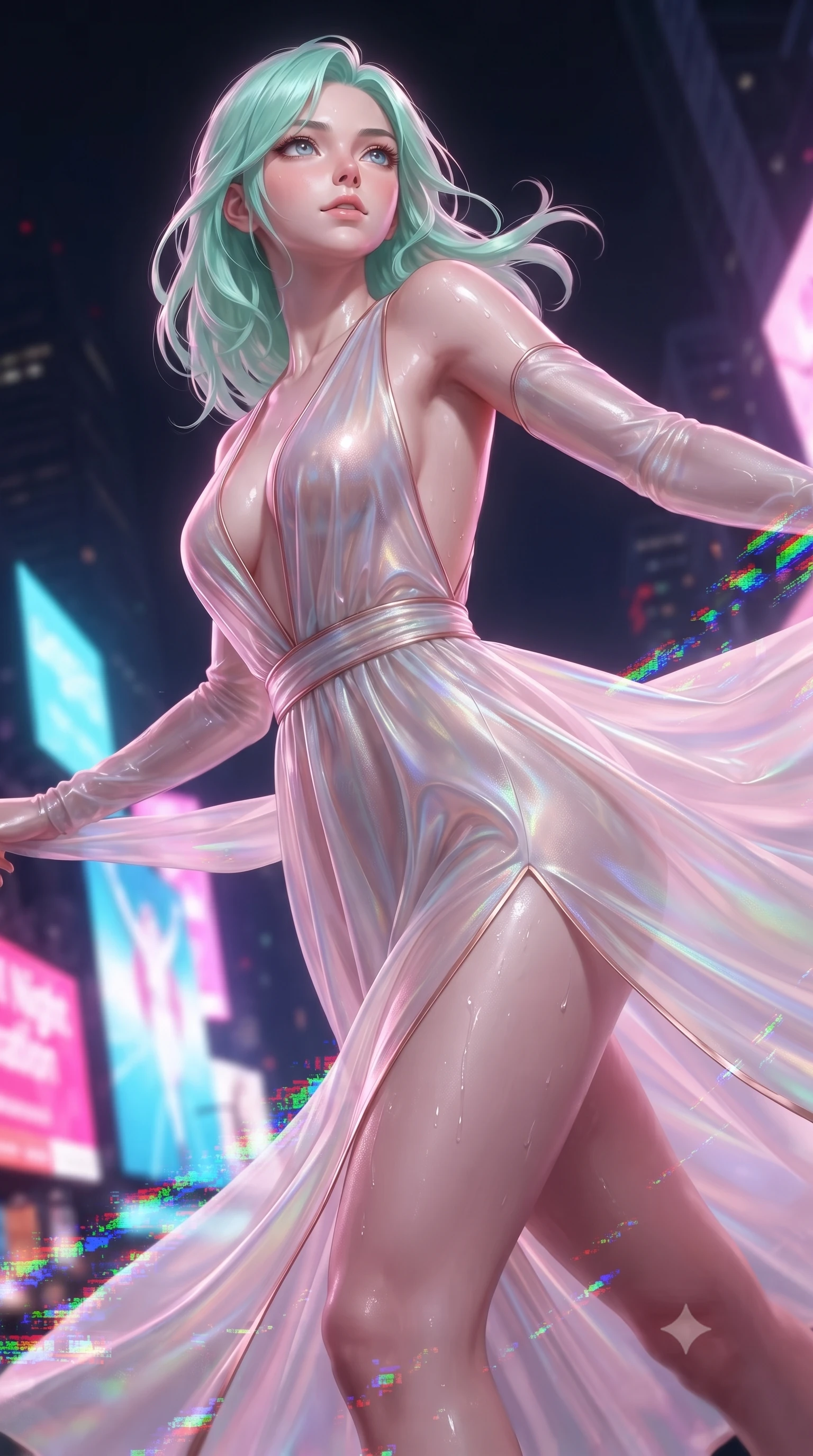 score_9, masterpiece, best quality, ultra-detailed, high-budget anime keyframe, editorial fashion photography, tasteful artistic composition, Japanese woman. close-up cowboy shot from the waist and thighs up, the character dominates the composition, filling the frame with her large presence, background elements kept in soft focus. Tilting her chin up with an air of effortless superiority while balancing dynamically amidst the scene while turning in a dynamic mid-air stride with neon city billboards glowing below, RGB glitch noise patterns casting colorful pixel trails along her movement. She has an exceptionally elegant, slender, and willowy female figure with an ultra-slim waist, a gracefully sculpted slender torso, and a refined silhouette. sharp v-shaped jawline, high-bridge nose, intricate jewel-like eyes with depth, thick eyelashes, glossy lips with a natural sheen, flawlessly proportioned anatomical accuracy, natural body alignment, perfectly sculpted elegant limbs, clean dynamic posture without body distortion. wearing a translucent iridescent chiffon gown with a plunging neckline and open back in pearl white and rose gold, crafted from iridescent chiffon that shifts colors in the light, finished with a sleek side slit ascending to mid-thigh, the glove-like fit emphasizing her statuesque silhouette during motion. illuminated by glowing holographic sakura radiance and wet specular reflections. ultra-reflective glossy finish, specular highlights, metallic sheen, high-contrast stereoscopic depth, volumetric dynamic lighting, 2k, ultra detail, master piece, 9:16 ratio