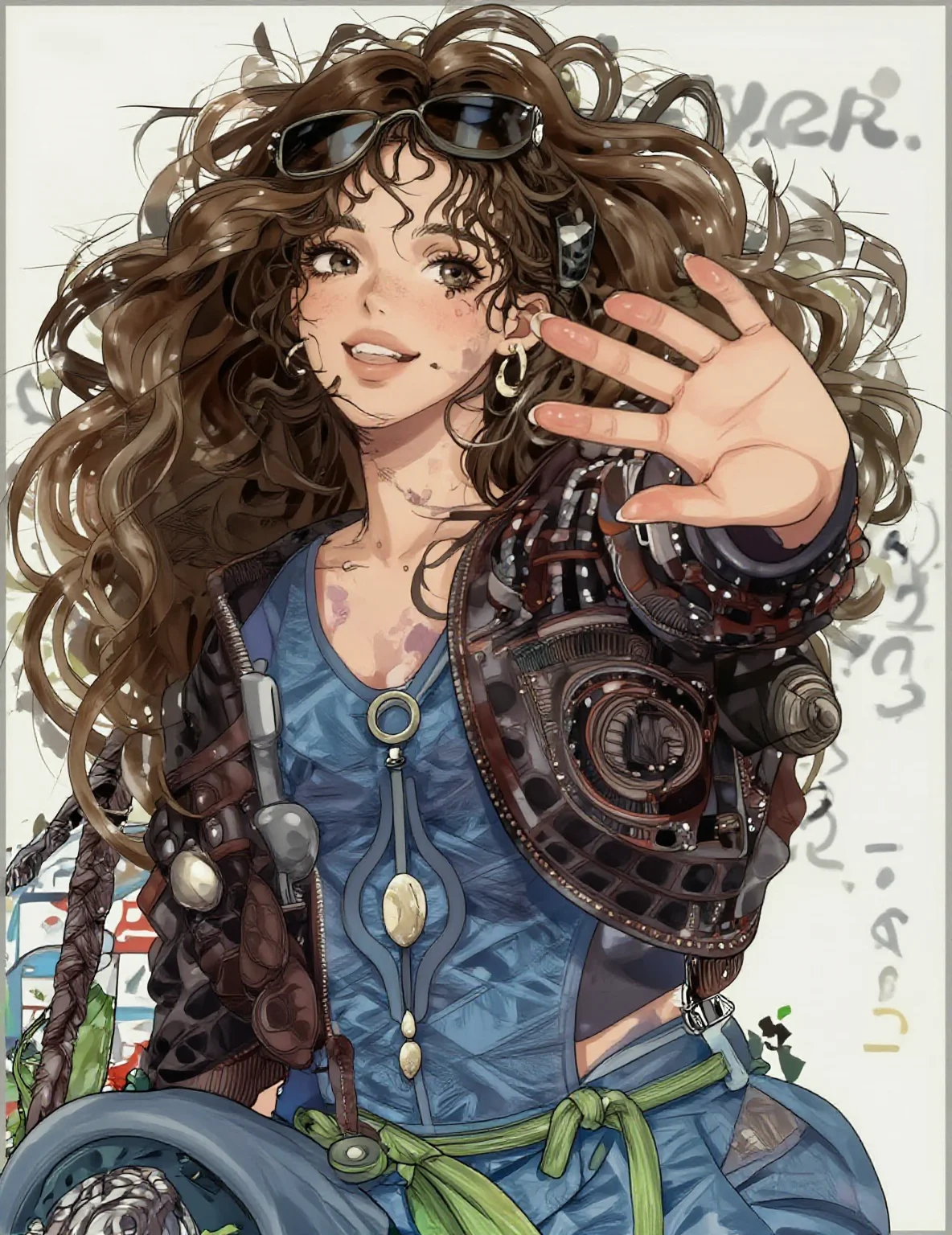 A realistic illustration of a Korean female idol who resembles Tzuyu from TWICE, wearing trendy casual clothes and waving to the viewer with a smile.