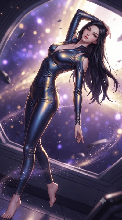 score_9, masterpiece, best quality, ultra-detailed, high-budget anime keyframe, editorial fashion photography, tasteful artistic composition, Korean woman. low angle full-body shot from head to toe showing her feet, filling the entire 9:16 vertical f