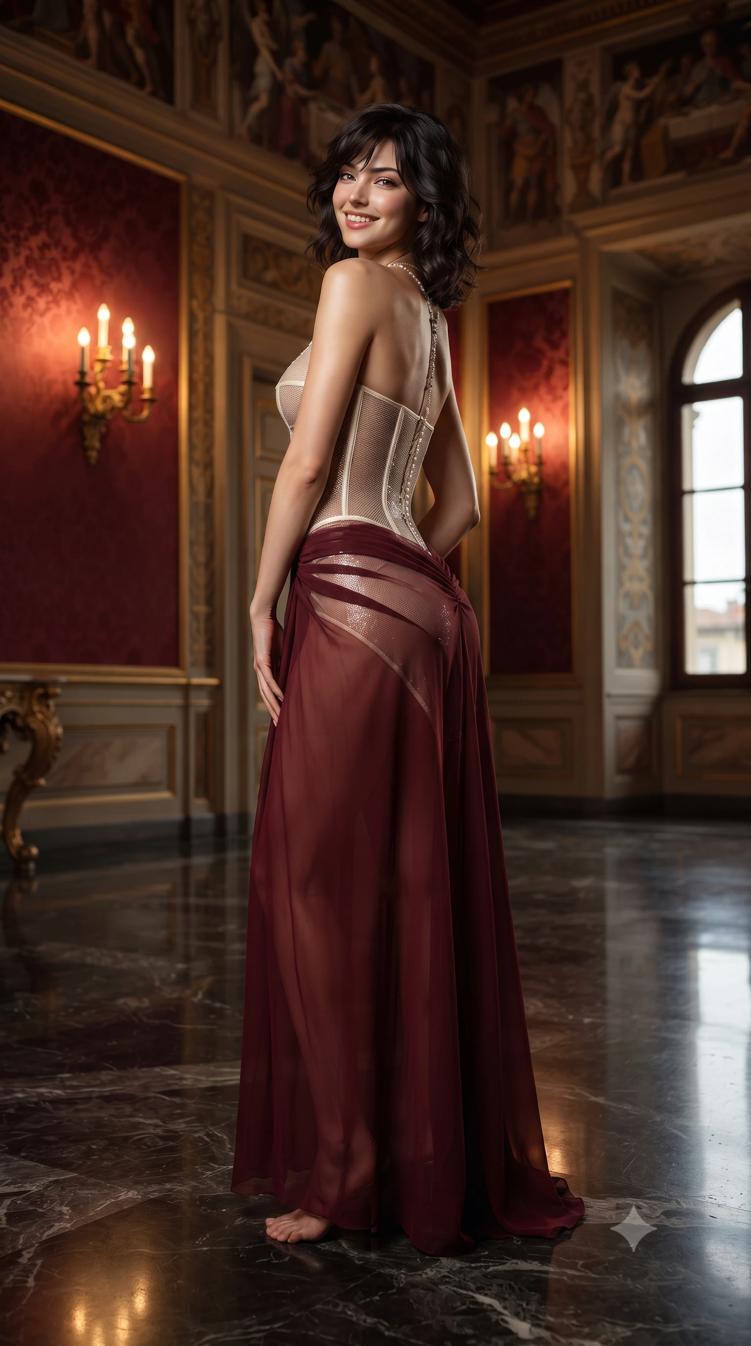 score_9, masterpiece, best quality, ultra-detailed, high-budget anime keyframe, editorial fashion photography, tasteful artistic composition, Caucasian woman. low angle full-body shot from head to toe showing her feet, filling the entire 9:16 vertical frame with her statuesque presence, stretching her vertical silhouette. posing in a classic haute-couture S-curve stance beside the floor-to-ceiling window, looking over a bare shoulder with magnetic presence while twisting her slender torso in an alluring contrapposto stance on the mirror-polished marble floor, golden sconce reflections tracing her narrow waist and hips. The surrounding environment is rendered in vivid detail and crisp panoramic clarity: detailed garment cut, bodycon tailoring, and historic Florentine palace craft in high resolution. She has an exceptionally tall and slender model-like 8.5-heads proportion, an ultra-slim waist, a flat toned midriff, narrow delicate ribcage, and beautifully sculpted feminine hips creating a graceful, slim hourglass silhouette without any bulky heaviness, with impossibly long slender legs. sharp v-shaped jawline, high-bridge nose, intricate jewel-like sparkling eyes with depth, thick eyelashes, glossy parted lips with a natural peach sheen, bright cheerful beaming smile with an enchanting and coquettish sensual glint, exuding both youthful cute charm and seductive allure, flawlessly proportioned anatomical accuracy, strict slender model proportions, natural body alignment, perfectly sculpted long slender limbs, ultra-slim waistline, clean dynamic posture without body distortion. wearing a provocative translucent mesh corset bodice with boned satin channels paired with a sheer chiffon wrap maxi skirt in Belvedere ivory pearl and Habsburg bordeaux wine, crafted from stretch micro-mesh with liquid foil coating that shimmers with every movement, accented with a pearl-drop body harness subtly framing her dewy collarbones and spine, the impeccably tailored cut draping gracefully along her slender figure with aristocratic poise. bathed in the warm intimate 2500K golden illumination of wall candelabra sconces dimmed to an evening gala ambiance. ultra-reflective glossy finish, specular highlights, rich textural contrasts, high-contrast stereoscopic depth, volumetric dynamic lighting, 2k, ultra detail, master piece, 9:16 ratio