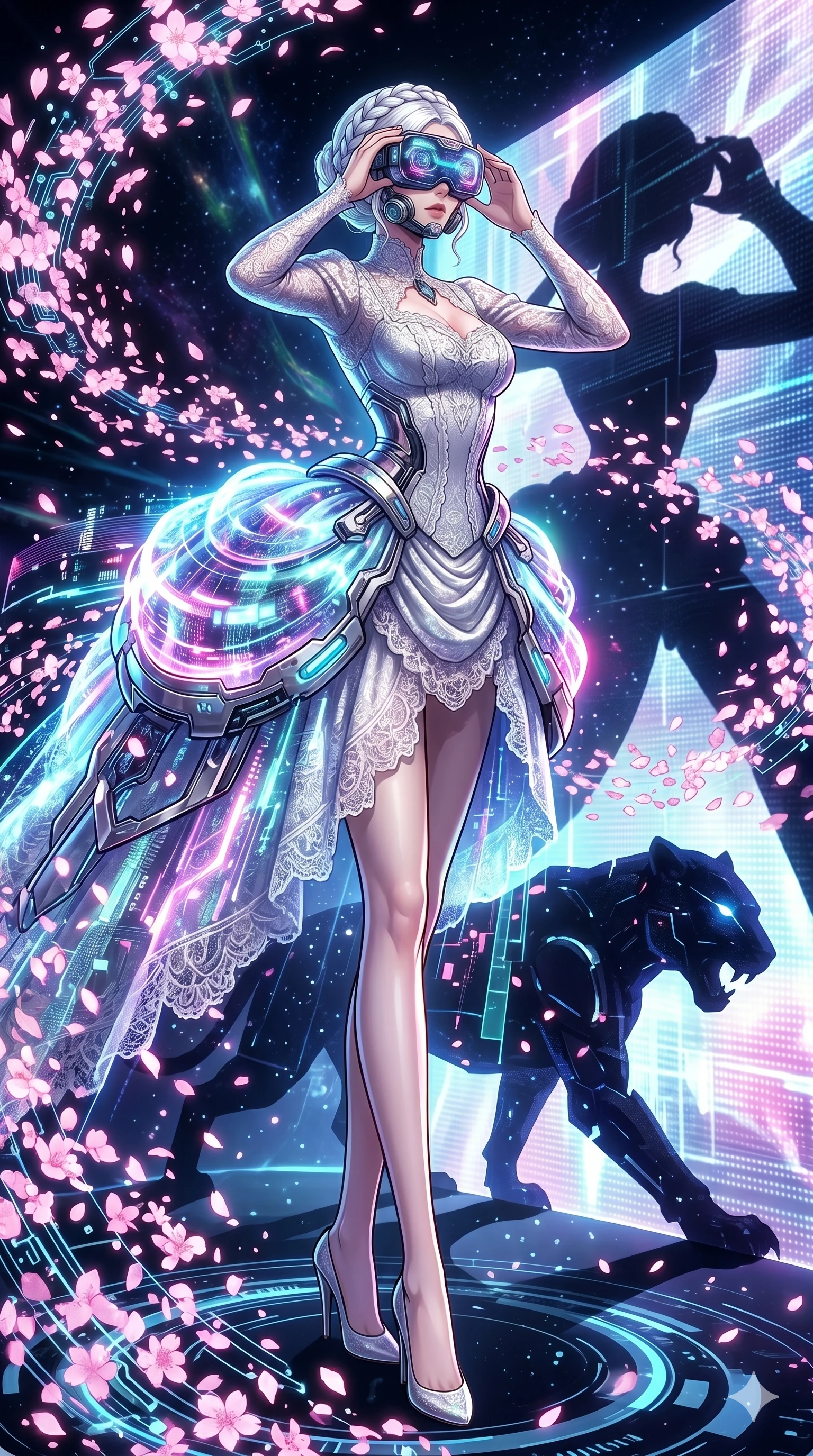 score_9, masterpiece, best quality, ultra-detailed, Set A: High-budget Anime Keyframe, Japanese woman. Low angle cowboy shot filling the entire 9:16 frame with her statuesque presence. Adjusting a mask through a virtual reality void, while her shadow mimics the movements of a predator 55 and surrounded by digital sakura petals. She has an absolutely perfect 8-heads proportion, an exceptionally tall and slender female figure with impossibly long slender legs and an ultra-slim waist. Sharp v-shaped jawline, high-bridge nose, intricate jewel-like eyes with depth, thick eyelashes, glossy lips with a natural sheen. Wearing Victorian-style lace gown with a futuristic glowing bustle and chrome accents. Cinematic lighting, vibrant colors, dramatic shadows, 2k, ultra detail, master piece, 9:16 ratio