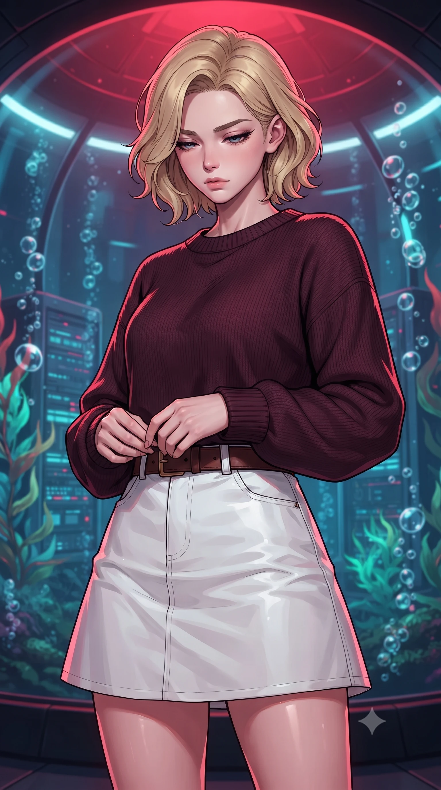 score_9, masterpiece, best quality, ultra-detailed, high-budget anime keyframe, gorgeous anime illustration, with clean line-art, distinct ink outlines, and high-contrast stereoscopic depth, Caucasian woman, strictly human ears. close-up cowboy shot from the waist and thighs up, the character dominates the composition, filling the frame with her large presence, background elements kept in soft focus. Looking down with lowered lashes and a composed powerful expression. set against a soft-focus background of inside an underwater glass dome housing cybernetic server towers cooled by bioluminescent kelp, bubble streams rising through neon-lit water columns outside the glass. She has an exceptionally elegant and slender, willowy female figure with an ultra-slim waist, a gracefully sculpted slender torso, and a refined slim physique. sharp v-shaped jawline, high-bridge nose, intricate jewel-like eyes with depth, thick eyelashes, glossy lips with a natural sheen. wearing a dark burgundy knit sweater with a relaxed fit, paired with a white cotton poplin skirt and a leather belt. deep crimson theatrical lighting with sharp specular highlights on every curve. 2k, ultra detail, master piece, 9:16 ratio, highly saturated vibrant anime colors, detailed cel-shading with soft gradients, rich glossy textures, deep contrast, volumetric dynamic lighting, 2d animation style