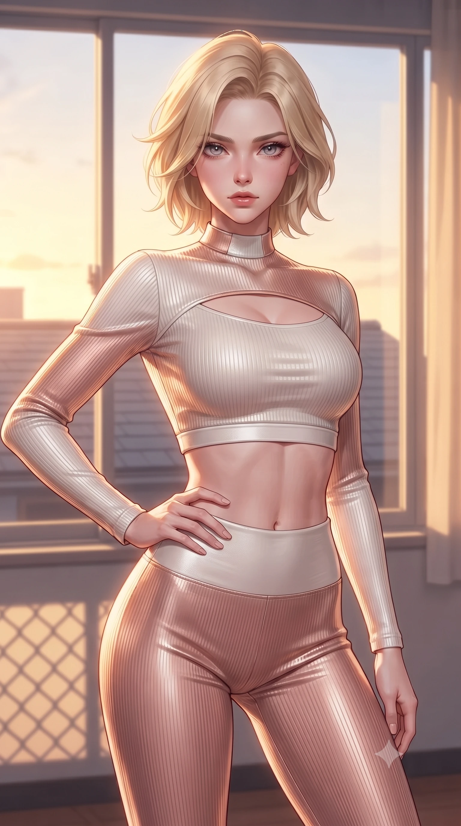 score_9, masterpiece, best quality, ultra-detailed, high-budget anime keyframe, editorial fashion photography, tasteful artistic composition, Caucasian woman. close-up cowboy shot from the waist and thighs up, the character dominates the composition, filling the frame with her large presence, background elements kept in soft focus. Holding a confident power pose with one hand on her hip, gazing directly into the camera with quiet intensity looking out a large classroom window as golden sunlight fills the quiet room, golden hour sunbeams casting dramatic fence grid shadows on the roof deck. She has an exceptionally elegant, slender, and willowy female figure with an ultra-slim waist, a gracefully sculpted slender torso, and a refined silhouette. sharp v-shaped jawline, high-bridge nose, intricate jewel-like eyes with depth, thick eyelashes, glossy lips with a natural sheen. wearing a form-fitting ribbed activewear set with collar cutouts in pearl white and rose gold, made of premium stretch velvet with a rich sheen, featuring subtle geometric cutouts that highlight her ultra-slim midriff, the elegant draped fit framing her graceful clavicle and slender torso. surrounded by a serene, nostalgic golden aura with soft backlighting. highly saturated vibrant anime colors, detailed shading with soft gradients, rich glossy textures, high-contrast stereoscopic depth, volumetric dynamic lighting, master piece, 9:16 ratio