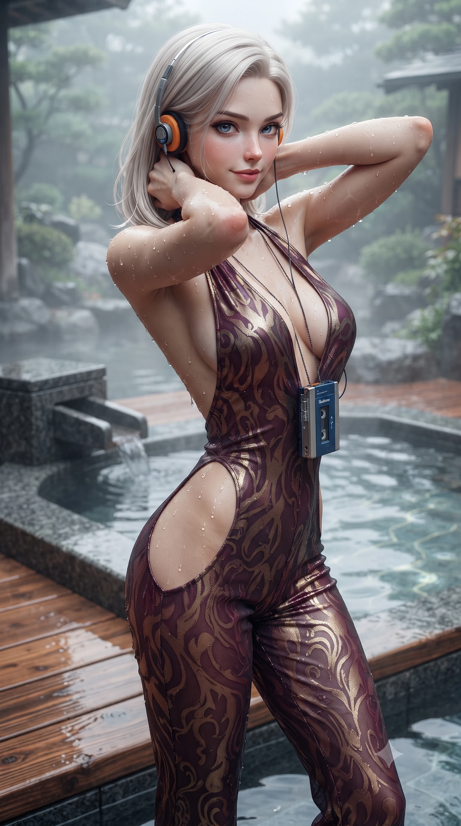 score_9, masterpiece, best quality, ultra-detailed, high-budget anime keyframe, editorial fashion photography, tasteful artistic composition, Caucasian woman. close-up cowboy shot from the waist and thighs up, the character dominates the composition, filling the frame with her large presence. resting both hands lightly behind her neck with elbows raised, arching her spine to highlight her narrow waist, flat midriff, and breathtaking collarbones while standing poised on the wet cedar deck at the water's edge, water glistening on her legs as she glances back with a flirtatious half-smile. The surrounding environment is rendered in vivid detail and crisp panoramic clarity: sharp wet cedar wood grain, polished basalt stone texture, and glistening water droplets on toned skin in deep focus. She has an exceptionally elegant, slender, and willowy female figure with an ultra-slim waist, flat toned midriff, narrow ribcage, and sculpted feminine hips creating an alluring, slim hourglass silhouette without bulk. sharp v-shaped jawline, high-bridge nose, sparkling eyes with hypnotic seductive depth, thick curled eyelashes, glossy parted lips with a natural dewy peach sheen, alluring bedroom-eyes with an enchanting coquettish smile, exuding magnetic siren charisma and sophisticated glamour, flawlessly proportioned anatomical accuracy, strict slender model proportions, natural body alignment, perfectly sculpted long slender limbs, ultra-slim waistline, clean dynamic posture without body distortion. wearing a liquid metallic lamé plunge halterneck jumpsuit clinging like a second skin with high-cut side hip cutouts in smoky bordeaux wine and gilded bronze, made of delicate semi-sheer Korean gossamer organza with subtle pearlescent glints, complemented by a retro cassette walkman with vintage foam-padded orange headphones, the form-contouring silhouette accentuating her sculpted flat midriff, narrow delicate ribcage, and gracefully curvy hips with intoxicating allure. illuminated by hot spring water caustics and sharp platinum rim lights sculpting her razor-sharp jawline, narrow waist, and curvy hips. ultra-reflective glossy finish, specular highlights, rich textural contrasts, high-contrast stereoscopic depth, volumetric dynamic lighting, 2k, ultra detail, master piece, 9:16 ratio