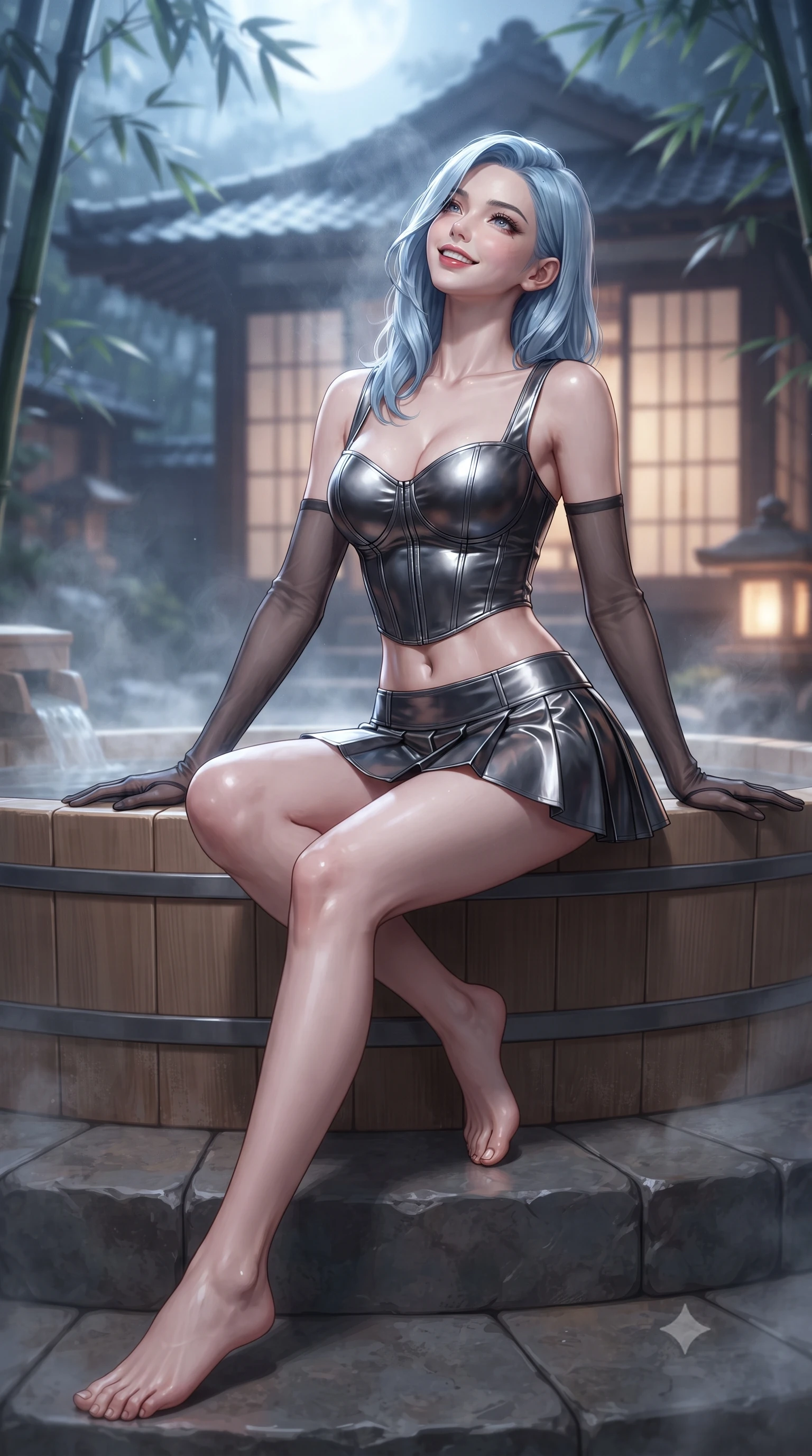 score_9, masterpiece, best quality, ultra-detailed, high-budget anime keyframe, editorial fashion photography, tasteful artistic composition, Korean woman. low angle full-body shot from head to toe showing her feet, filling the entire 9:16 vertical frame with her statuesque presence, stretching her vertical silhouette. sitting poised on the stone steps with one knee bent, arching her spine with supermodel elegance as she glances upward through thick eyelashes while leaning against the smooth cedar tub rim with hips cocked back, looking through rising vapor with an intoxicating smoldering bedroom-gaze. The background shows a soft-focus traditional shoji pavilion softened in intimate Japanese hot spring sanctuary shallow focus. She has an exceptionally tall and slender model-like 8.5-heads proportion, an ultra-slim waist, a flat toned midriff, narrow delicate ribcage, and beautifully sculpted feminine hips creating a graceful, slim hourglass silhouette without any bulky heaviness, with impossibly long slender legs. sharp v-shaped jawline, high-bridge nose, intricate jewel-like sparkling eyes with depth, thick eyelashes, glossy parted lips with a natural peach sheen, bright cheerful beaming smile with an enchanting and coquettish sensual glint, exuding both youthful cute charm and seductive allure, flawlessly proportioned anatomical accuracy, strict slender model proportions, natural body alignment, perfectly sculpted long slender limbs, ultra-slim waistline, clean dynamic posture without body distortion. wearing a structured metallic corset crop top with boned waist paired with a low-rise pleated metallic micro-skirt in smoky charcoal noir and reflective metallic platinum, tailored from crisp duchess satin with architectural structure and high-gloss luster, complemented by sheer opera-length evening gloves tracing her slender arms, the glove-like clinging cut tightly following the natural contour of her hips and long slender legs with youthful 8.5-heads elegance. bathed in mystical cool silver moonlight filtering through swaying bamboo leaves combined with warm 2700K stone lantern glow. ultra-reflective glossy finish, specular highlights, rich textural contrasts, high-contrast stereoscopic depth, volumetric dynamic lighting, 2k, ultra detail, master piece, 9:16 ratio