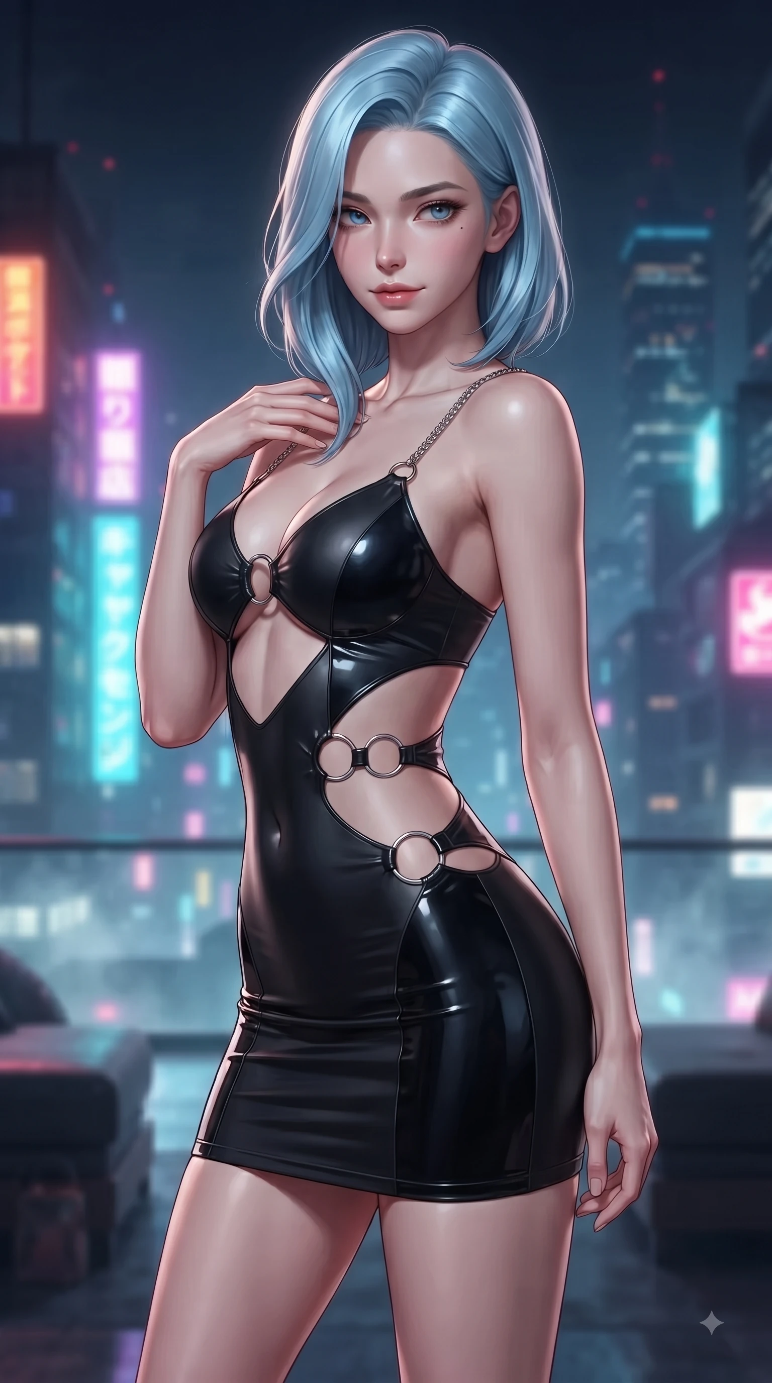 score_9, masterpiece, best quality, ultra-detailed, high-budget anime keyframe, editorial fashion photography, tasteful artistic composition, Korean woman woman. close-up cowboy shot from the waist and thighs up, the character dominates the composition, filling the frame with her large presence, background elements kept in soft focus. She has an exceptionally elegant, slender, and willowy female figure with an ultra-slim waist, a gracefully sculpted slender torso, and a refined silhouette. glancing sidelong over her shoulder with a smoldering, magnetic half-smile, flawlessly proportioned anatomical accuracy, natural body alignment, perfectly sculpted elegant limbs, clean dynamic posture without body distortion. set against a soft-focus background of a penthouse helipad lounge overlooking a misty neon skyline. wearing an asymmetric cut-out mini dress in matte black latex with silver ring accents. bathed in vibrant city skyline night lights casting sleek specular reflections. ultra-reflective glossy finish, specular highlights, metallic sheen, high-contrast stereoscopic depth, volumetric dynamic lighting, 2k, ultra detail, master piece, 9:16 ratio