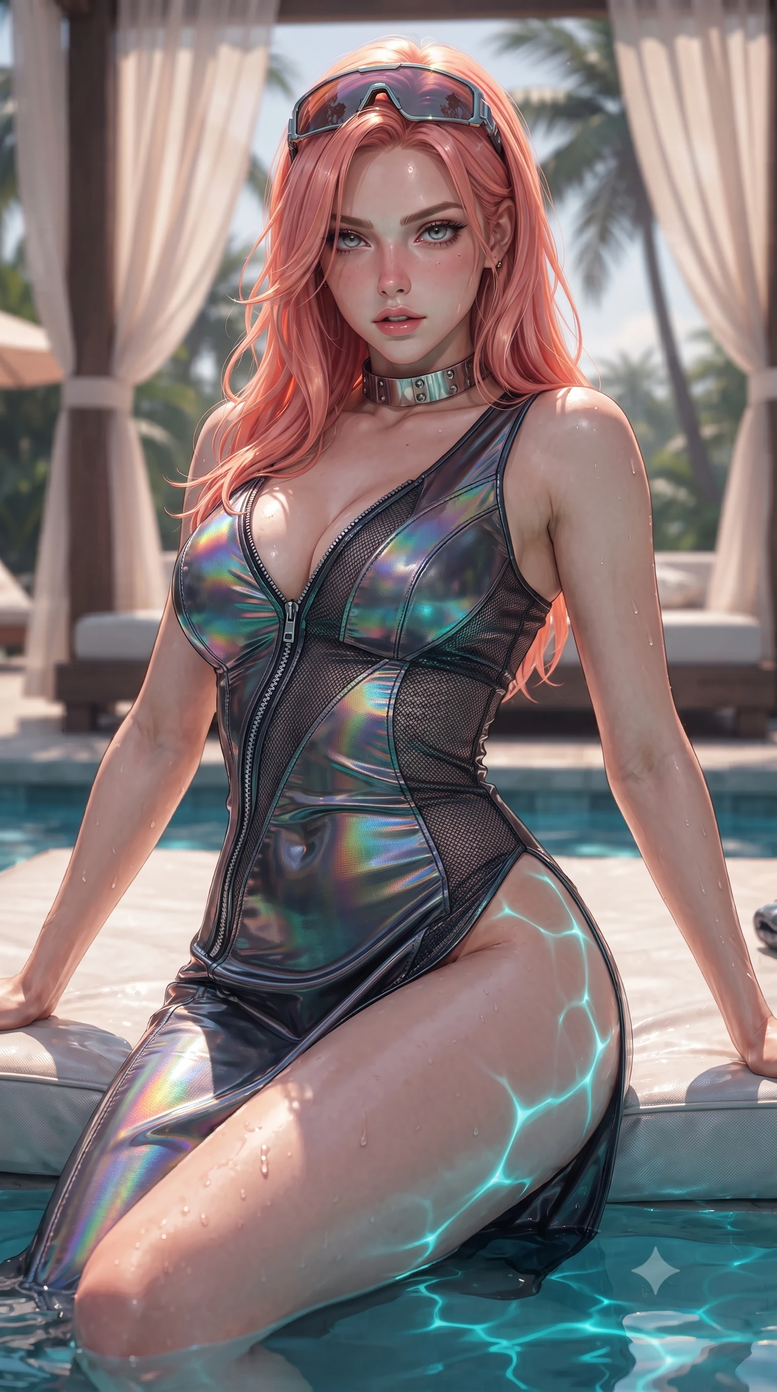 score_9, masterpiece, best quality, ultra-detailed, high-budget anime keyframe, editorial fashion photography, tasteful artistic composition, Japanese woman. close-up cowboy shot from the waist and thighs up, the character dominates the composition, filling the frame with her large presence. leaning back with relaxed seductive grace, her sculpted collarbones and narrow waist highlighted as she casts smoldering bedroom-eyes directly into the camera while reclining on a submerged pool daybed with water lapping at her waist, arching her spine as glowing cyan pool caustics trace her curvy hips. The composition keeps background elements in soft focus with creamy bokeh. sheer cabana drapes and tropical palm silhouettes softened in moody shallow focus. She has an exceptionally elegant, slender, and willowy female figure with an ultra-slim waist, a gracefully sculpted slender torso, toned flat midriff, and rounded feminine hips creating an alluring hourglass silhouette. sharp v-shaped jawline, high-bridge nose, intricate jewel-like eyes with depth, thick eyelashes, glossy parted lips with a natural sheen, intensely captivating and seductive bedroom-eyes expression, flawlessly proportioned anatomical accuracy, strict slender model proportions, natural body alignment, perfectly sculpted long slender limbs, ultra-slim waistline, clean dynamic posture without body distortion. wearing a form-contouring vinyl track dress with diagonal zipper detailing and an ultra-high side slit in iridescent rainbow prism and deep charcoal, crafted from high-gloss metallic ripstop nylon and flexible carbon mesh, accessorized with cyber-visor sunglasses resting on her brow and chunky silver choker, the form-contouring material adhering flawlessly to her sculpted flat midriff and slender torso, emphasizing her long leg lines and perfectly proportioned willowy build. surrounded by an electrifying, hypnotic, and irresistibly provocative nightlife goddess aura. ultra-reflective glossy finish, specular highlights, rich textural contrasts, high-contrast stereoscopic depth, volumetric dynamic lighting, 2k, ultra detail, master piece, 9:16 ratio