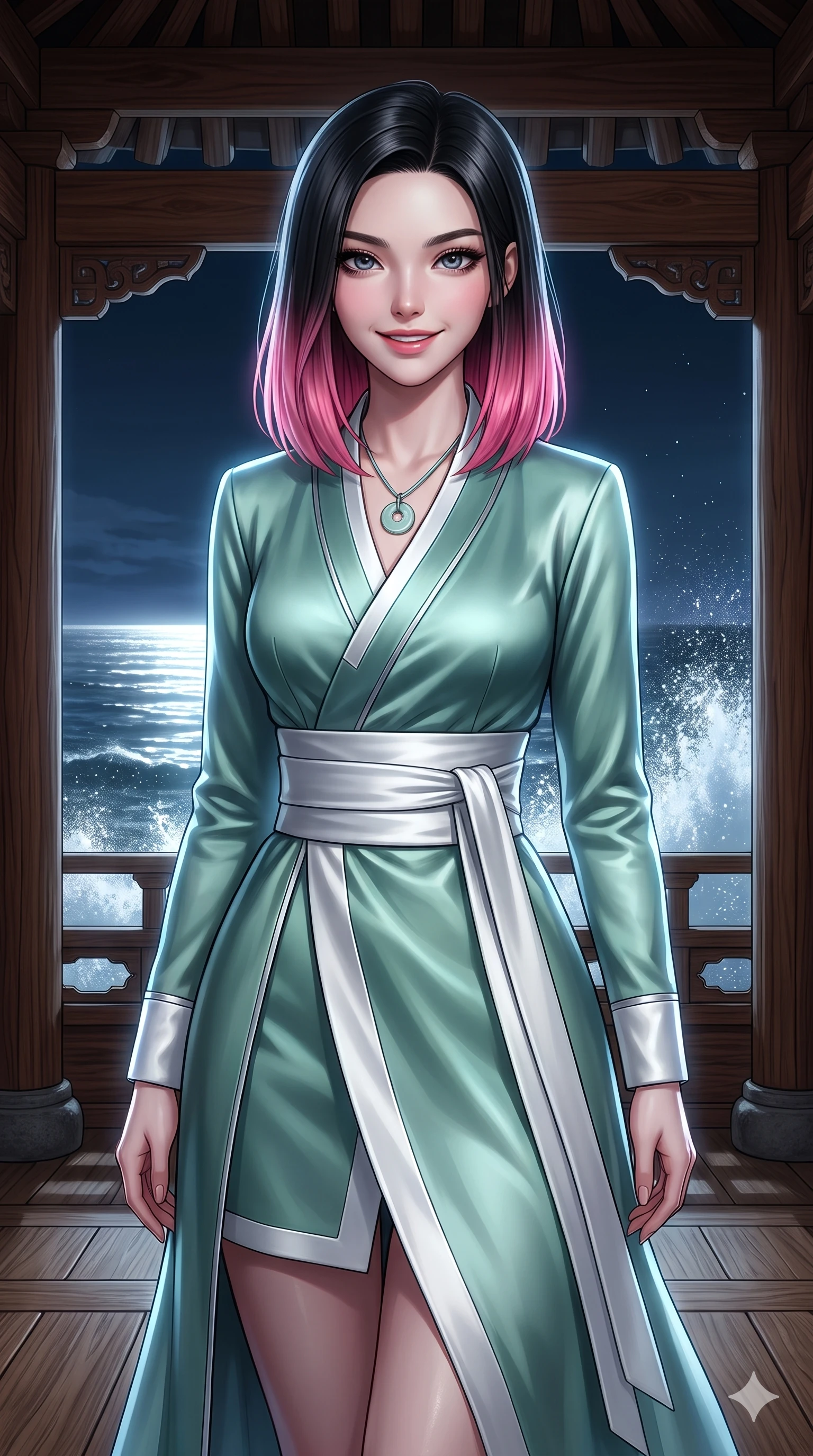 score_9, masterpiece, best quality, ultra-detailed, high-budget anime keyframe, editorial fashion photography, tasteful artistic composition, Korean woman. close-up cowboy shot from the waist and thighs up, the character dominates the composition, filling the frame with her large presence. smiling with quiet, magnetic self-assurance directly into the camera, her sculpted waistline catching specular moonbeam highlights while twisting her slender torso in an alluring contrapposto stance, dramatic moonlight and breaking wave spray tracing her flat midriff and hips. The surrounding environment is rendered in vivid detail and crisp panoramic clarity: detailed liquid metallic lamé plunge jumpsuit cling, side cutouts, and coastal timber architecture in razor-sharp precision. She has an exceptionally elegant, slender, and willowy female figure with an ultra-slim waist, flat toned midriff, narrow ribcage, and sculpted feminine hips creating an alluring, slim hourglass silhouette without bulk. sharp v-shaped jawline, high-bridge nose, sparkling eyes with hypnotic seductive depth, thick curled eyelashes, glossy parted lips with a natural dewy peach sheen, alluring bedroom-eyes with an enchanting coquettish smile, exuding magnetic siren charisma and sophisticated glamour, flawlessly proportioned anatomical accuracy, strict slender model proportions, natural body alignment, perfectly sculpted long slender limbs, ultra-slim waistline, clean dynamic posture without body distortion. wearing a structured minimalist hanbok wrap coat dress with clean geometric lines and a wide formal sash in moonlit jade green and pure alabaster white with silver accents, tailored from smooth liquid silk satin with a natural dewy moonlight sheen, finished with a minimalist celadon porcelain pendant on a fine silk cord, the bespoke structured tailoring following the natural line of her 8.5-heads silhouette with refined elegance. bathed in brilliant horizontal moonlight sweeping across the ocean surface and into the open timber pavilion. ultra-reflective glossy finish, specular highlights, rich textural contrasts, high-contrast stereoscopic depth, volumetric dynamic lighting, 2k, ultra detail, master piece, 9:16 ratio