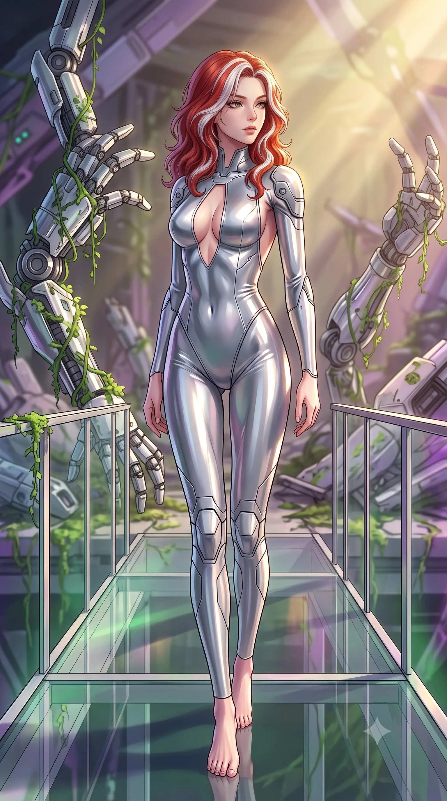 score_9, masterpiece, best quality, ultra-detailed, high-budget anime keyframe, editorial fashion photography, tasteful artistic composition, Caucasian woman. low angle full-body shot from head to toe showing her feet, filling the entire 9:16 vertical frame with her statuesque presence, stretching her vertical silhouette. walking slowly along a glass skybridge, looking back over her shoulder with an air of effortless grace, the background shows a soft-focus a starship mechanical arm graveyard where green vines climb on chrome plating. She has an absolutely perfect, statuesque 8.5-heads proportion, an exceptionally tall and slender model-like female figure with impossibly long slender legs and an ultra-slim waist. sharp v-shaped jawline, high-bridge nose, intricate jewel-like eyes with depth, thick eyelashes, glossy lips with a natural sheen. wearing a slim-fit backless combat bodysuit in metallic silver, featuring a plunging keyhole cutout and low-cut back. soft green moss glow refracting on chrome plating under golden afternoon sunbeams. highly saturated vibrant anime colors, detailed shading with soft gradients, rich glossy textures, high-contrast stereoscopic depth, volumetric dynamic lighting, master piece, 9:16 ratio