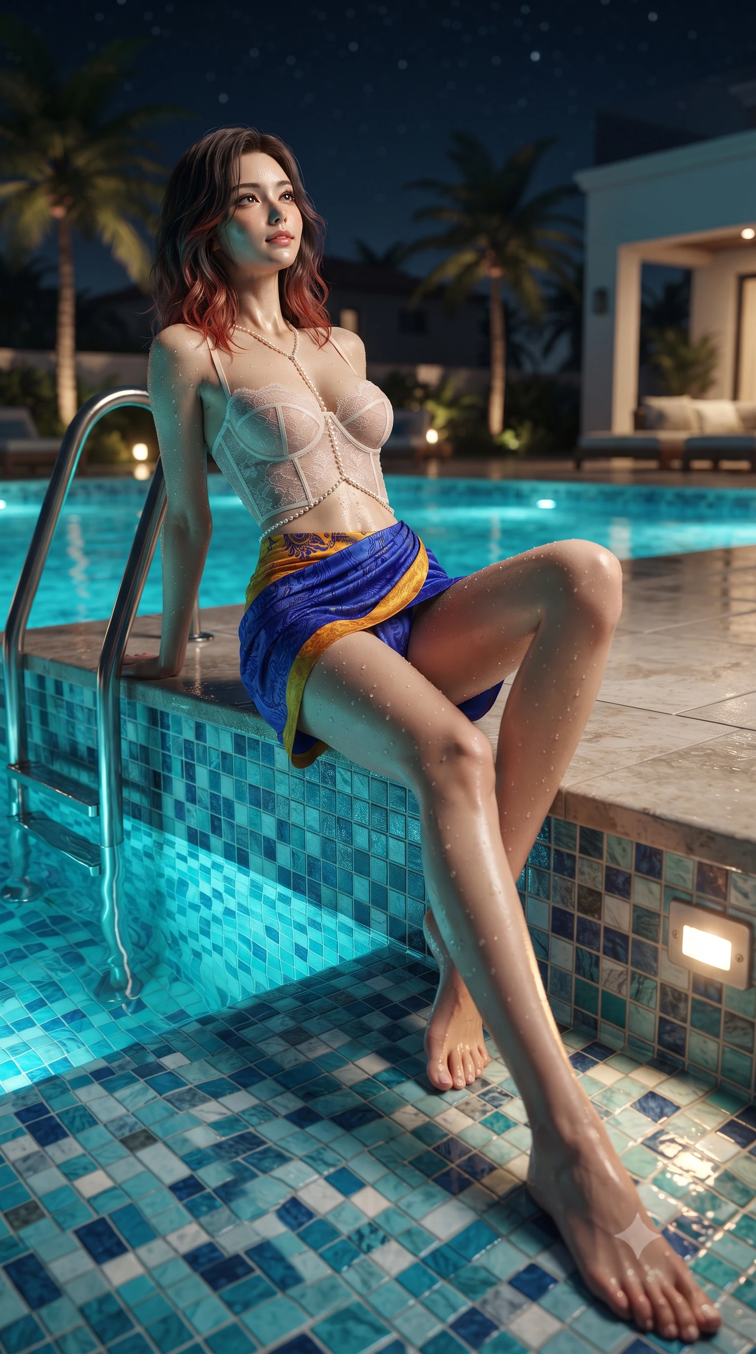 score_9, masterpiece, best quality, ultra-detailed, high-budget anime keyframe, editorial fashion photography, tasteful artistic composition, Korean woman. low angle full-body shot from head to toe showing her feet, filling the entire 9:16 vertical frame with her statuesque presence, stretching her vertical silhouette. sitting poised on the stone steps with one knee bent, arching her spine with supermodel elegance as she glances upward through thick eyelashes while lounging on the submerged tiled pool tanning ledge propped on one arm, her long slender legs and flat midriff radiating effortless siren allure. The surrounding environment is rendered in vivid detail and crisp panoramic clarity: sharp polished stainless steel ladder rungs, wet ceramic mosaic pool tiles, and water droplet beads on skin in deep focus. She has an absolutely perfect, statuesque 8.5-heads proportion, an exceptionally tall and slender model-like female figure with impossibly long slender legs, an ultra-slim waist, a flat toned midriff, narrow delicate ribcage, and beautifully sculpted feminine hips creating a graceful, slim hourglass silhouette without any bulky heaviness. sharp v-shaped jawline, high-bridge nose, sparkling eyes with hypnotic seductive depth, thick curled eyelashes, glossy parted lips with a natural dewy peach sheen, alluring bedroom-eyes with an enchanting coquettish smile, exuding magnetic siren charisma and sophisticated glamour, flawlessly proportioned anatomical accuracy, strict slender model proportions, natural body alignment, perfectly sculpted long slender limbs, ultra-slim waistline, clean dynamic posture without body distortion. wearing a sculpted underwire demi-bustier in semi-sheer lace paired with an ultra-short draped tulip skirt in Marrakesh cobalt majorelle blue and saffron gold, made of semi-opaque stretch illusion mesh with soft shadowy contours, accented with a pearl-drop body harness subtly framing her dewy collarbones and spine, the high-slit wrap tailoring accentuating her ultra-slim waistline and the enchanting curve of her feminine hips with alluring seductive charm. bathed in intense turquoise underwater pool LEDs combined with warm 3000K villa deck downlights. ultra-reflective glossy finish, specular highlights, rich textural contrasts, high-contrast stereoscopic depth, volumetric dynamic lighting, 2k, ultra detail, master piece, 9:16 ratio