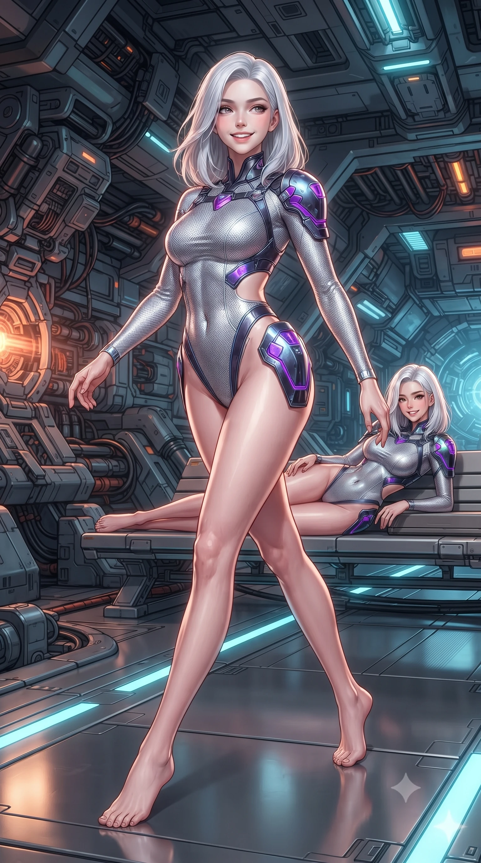 score_9, masterpiece, best quality, ultra-detailed, high-budget anime keyframe, editorial fashion photography, tasteful artistic composition, Korean woman. low angle full-body shot from head to toe showing her feet, filling the entire 9:16 vertical frame with her statuesque presence, stretching her vertical silhouette. striding forward gracefully across the reflective metal deck in mid-motion with a radiant beaming smile, hips swaying in an alluring kinetic rhythm that accentuates her curvy hourglass silhouette and long slender legs while lounging gracefully on a titanium gantry bench propped on one elbow, her flat midriff and long slender legs glowing in warm fusion flares. The surrounding environment is rendered in vivid detail and crisp panoramic clarity: detailed carbon suit weave, plasma specular reflections on armor plates, and starship engineering architecture in razor-sharp precision. She has an absolutely perfect, statuesque 8.5-heads proportion, an exceptionally tall and slender model-like female figure with impossibly long slender legs, an ultra-slim waist, a flat toned midriff, narrow delicate ribcage, and beautifully sculpted feminine hips creating a graceful, slim hourglass silhouette without any bulky heaviness. sharp v-shaped jawline, high-bridge nose, intricate jewel-like sparkling eyes with depth, thick eyelashes, glossy parted lips with a natural sheen, bright confident smile with an enchanting and coquettish sensual glint, exuding both youthful magnetic charm and sovereign high-tech allure, flawlessly proportioned anatomical accuracy, strict slender model proportions, natural body alignment, perfectly sculpted long slender limbs, ultra-slim waistline, clean dynamic posture without body distortion. wearing a form-contouring delicate silver nano-mesh bodysuit with strategically placed chrome armor plate guards covering key curves in neon electric violet and deep space obsidian, woven from layered gossamer holographic organza casting chromatic prism reflections, finished with criss-cross Kevlar tactical straps tracing her graceful shoulder blades, the form-contouring cut accentuating her sculpted flat midriff, narrow delicate ribcage, and gracefully curvy hips with cybernetic supermodel precision. illuminated by cool cyan emergency floor guides and sharp amber rim lighting sculpting her razor-sharp jawline, narrow waist, and curvy hips. ultra-reflective glossy finish, specular highlights, rich textural contrasts, high-contrast stereoscopic depth, volumetric dynamic lighting, 2k, ultra detail, master piece, 9:16 ratio