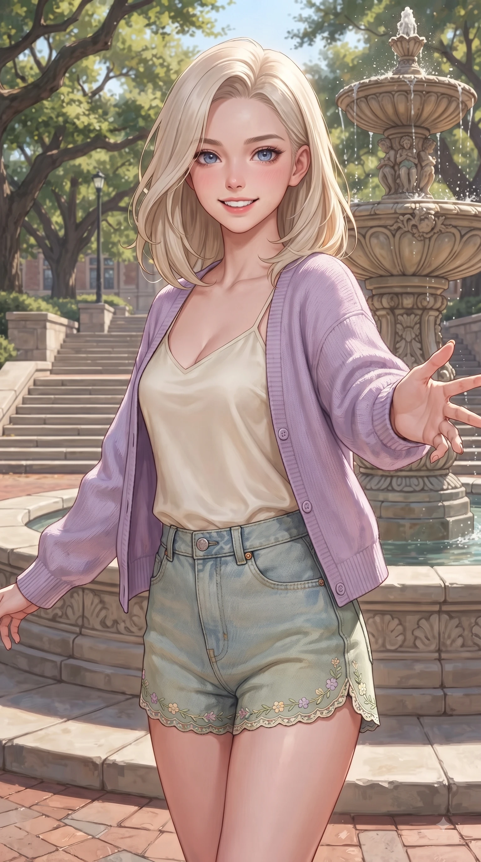 score_9, masterpiece, best quality, ultra-detailed, high-budget anime keyframe, editorial fashion photography, tasteful artistic composition, Caucasian woman. close-up cowboy shot from the waist and thighs up, the character dominates the composition, filling the frame with her large presence. Youthful bright smile exuding pure cute charm and fresh energy, her torso turning dynamically into the lens while reaching out cheerfully with a bright smile near a grand stone fountain on the college quad. The surrounding environment is rendered in vivid detail and crisp panoramic clarity. bright spring sunbeams illuminating campus stone steps and oak trees with environmental clarity. She has an exceptionally elegant, slender, and willowy female figure with an ultra-slim waist, a gracefully sculpted slender torso, and a refined silhouette. sharp v-shaped jawline, high-bridge nose, intricate jewel-like eyes with depth, thick eyelashes, glossy lips with a natural sheen, flawlessly proportioned anatomical accuracy, natural body alignment, perfectly sculpted elegant limbs, clean dynamic posture without body distortion. wearing a soft lavender knit cardigan worn over a simple cream silk camisole and light-wash denim shorts in warm apricot and sage green, tailored from crisp cotton poplin, complemented by delicate embroidered floral trim along the hem, the chic real-way fashion cut emphasizing her effortless charm. surrounded by an uplifting, fresh, and youthful academic atmosphere. ultra-reflective glossy finish, specular highlights, metallic sheen, high-contrast stereoscopic depth, volumetric dynamic lighting, 2k, ultra detail, master piece, 9:16 ratio