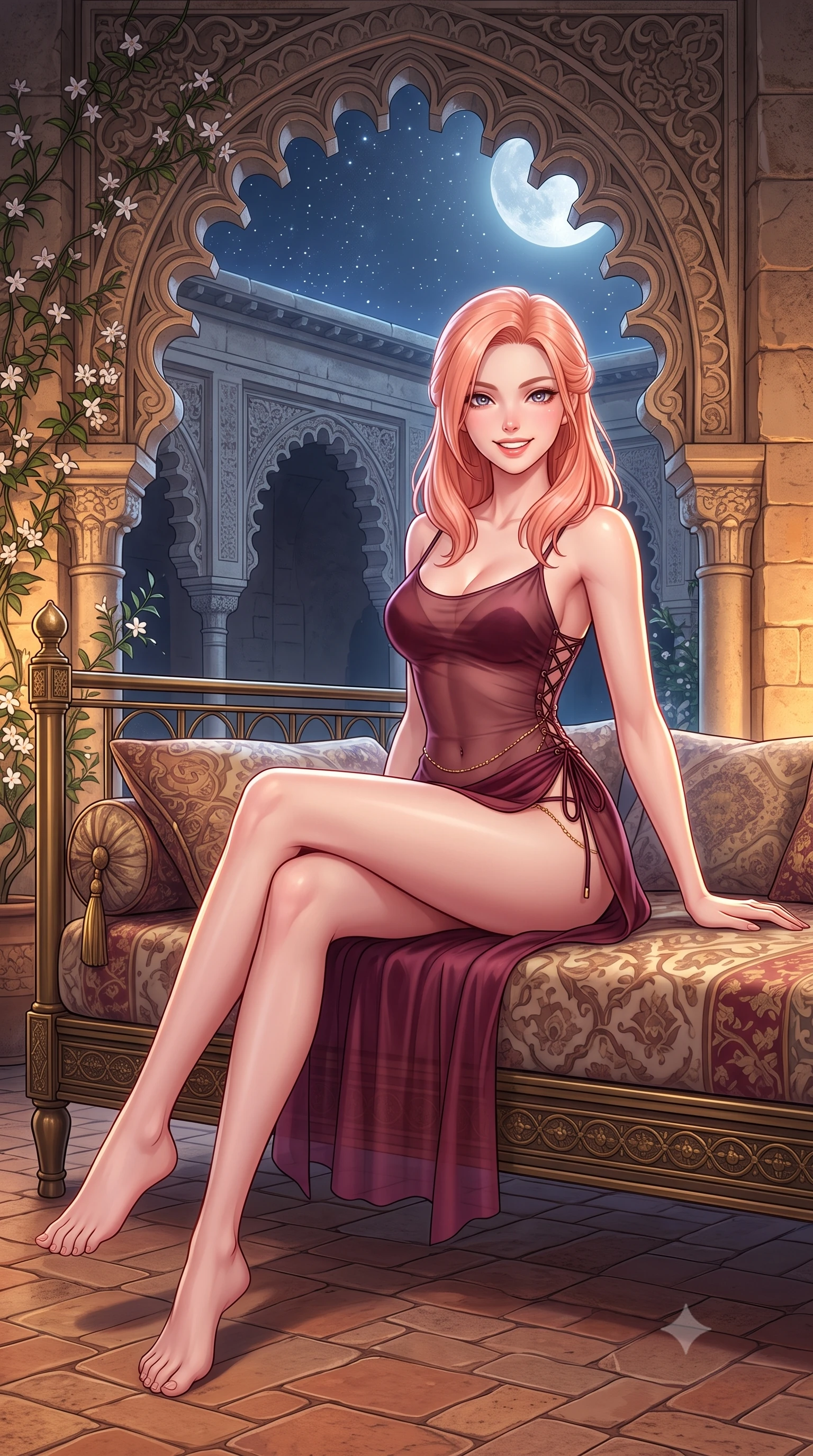 score_9, masterpiece, best quality, ultra-detailed, high-budget anime keyframe, semi-realistic 3D game render, editorial fashion photography, tasteful artistic composition, Japanese woman. low angle full-body shot from head to toe showing her feet, filling the entire 9:16 vertical frame with her statuesque presence, stretching her vertical silhouette. lounging on the lavish daybed with legs crossed and hips angled toward the camera, displaying her toned midriff and long slender limbs with effortless siren poise while twisting her slender torso in an alluring contrapposto stance beside blooming night-jasmine, starlight tracing her narrow waist and curvy hips. The surrounding environment is rendered in vivid detail and crisp panoramic clarity: sharp Moorish pointed arch stone tracery, weathered limestone baluster relief, and natural terracotta paver grain in deep focus. She has an exceptionally tall and slender model-like 8.5-heads proportion, an ultra-slim waist, a flat toned midriff, narrow delicate ribcage, and beautifully sculpted feminine hips creating a graceful, slim hourglass silhouette without any bulky heaviness, with impossibly long slender legs. sharp v-shaped jawline, high-bridge nose, intricate jewel-like sparkling eyes with depth, thick eyelashes, glossy parted lips with a natural peach sheen, bright cheerful beaming smile with an enchanting and coquettish sensual glint, exuding both youthful cute charm and seductive allure, flawlessly proportioned anatomical accuracy, strict slender model proportions, natural body alignment, perfectly sculpted long slender limbs, ultra-slim waistline, clean dynamic posture without body distortion. wearing a form-contouring sheer gossamer silk slip dress with side lace-up corset ties revealing glimpses of her hip curve in French boudoir bordeaux wine and antique brass, woven from buttery-soft stretch lambskin leather adhering to her body like a second skin, accented with a dainty gold belly chain resting across her flat midriff and curving hips, the high-slit wrap tailoring accentuating her ultra-slim waistline and the enchanting curve of her feminine hips with alluring seductive charm. bathed in cool silver moonlight balanced with warm 2600K amber uplights illuminating ancient stone arches. highly saturated vibrant anime colors, detailed shading with soft gradients, rich glossy textures, high-contrast stereoscopic depth, volumetric dynamic lighting, master piece, 9:16 ratio