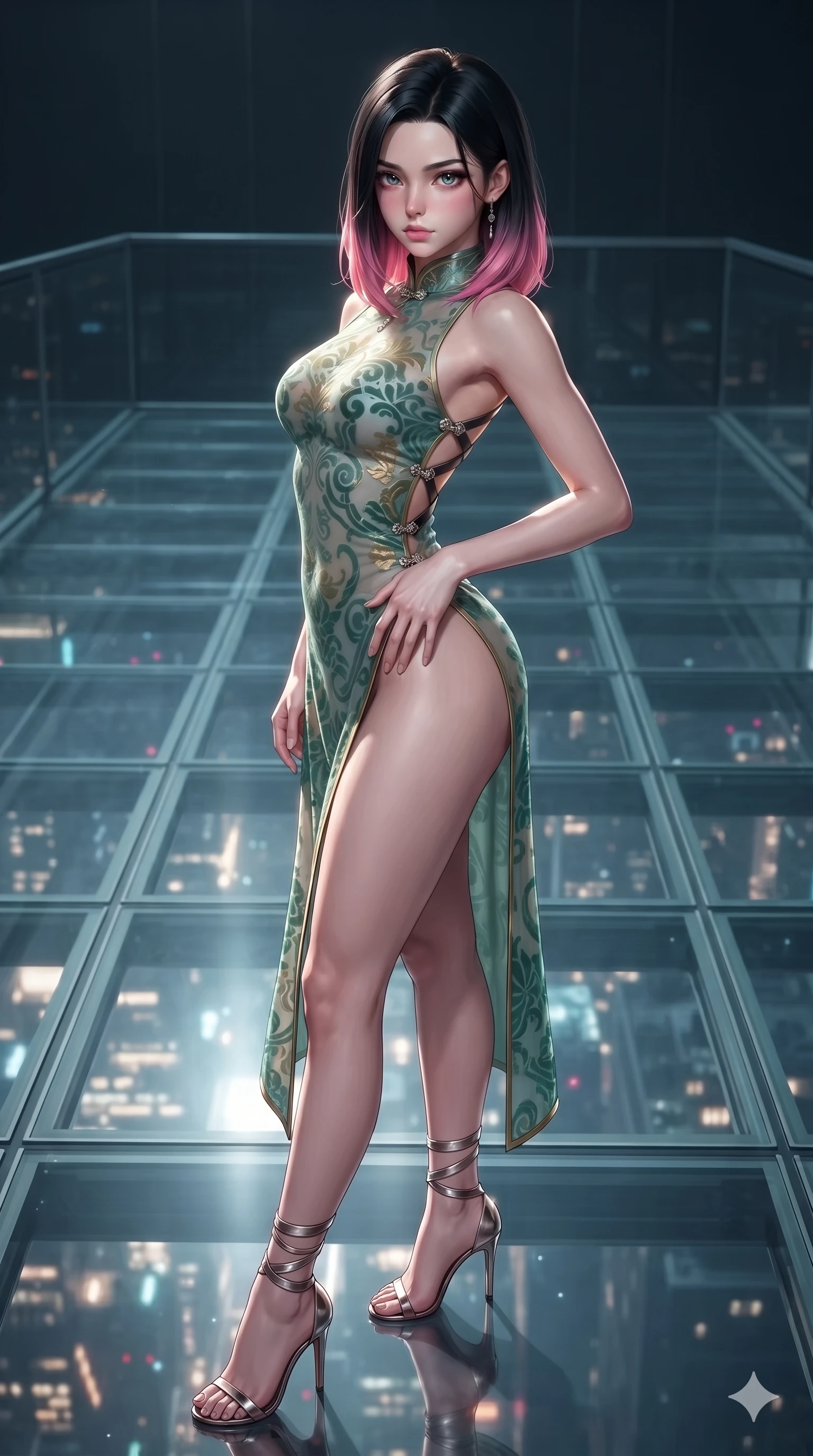 score_9, masterpiece, best quality, ultra-detailed, high-budget anime keyframe, editorial fashion photography, tasteful artistic composition, Korean woman. close-up cowboy shot from the waist and thighs up, the character dominates the composition, filling the frame with her large presence. arching her spine backward with effortless dancer poise, one hand sliding along her hip line as directional light carves specular highlights along her silhouette while twisting her slender torso in an alluring contrapposto stance, shimmering city light reflections tracing her narrow waist and curvy hips through the transparent floor. The surrounding environment is rendered in vivid detail and crisp panoramic clarity: detailed liquid-silk jersey evening dress tailoring, open-back leather harness straps, and monumental terrace engineering in razor-sharp precision. She has an exceptionally elegant, slender, and willowy female figure with an ultra-slim waist, flat toned midriff, narrow ribcage, and sculpted feminine hips creating an alluring, slim hourglass silhouette without bulk. sharp v-shaped jawline, high-bridge nose, intricate jewel-like sparkling eyes with depth, thick eyelashes, glossy parted lips with a natural sheen, intensely captivating and seductive bedroom-eyes expression, exuding both youthful cute charm and sovereign luxury allure, flawlessly proportioned anatomical accuracy, strict slender model proportions, natural body alignment, perfectly sculpted long slender limbs, ultra-slim waistline, clean dynamic posture without body distortion. wearing an alluring high-slit wrap cheongsam secured by miniature jeweled clasps and revealing the curve of her hip in celadon jade and antique gold-leaf, made of sheer contouring power-mesh with velvet flocking patterns, complemented by strappy stiletto sandals with metallic ankle wraps accentuating her slender calves, the glove-like clinging cut tightly following the natural contour of her hips and long slender legs with youthful 8.5-heads elegance. illuminated by glass floor bounce and sharp gold-cyan rim lights defining her razor-sharp jawline, narrow waist, and curvy hips. ultra-reflective glossy finish, specular highlights, rich textural contrasts, high-contrast stereoscopic depth, volumetric dynamic lighting, 2k, ultra detail, master piece, 9:16 ratio