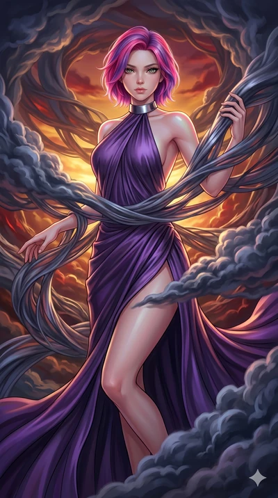 score_9, masterpiece, best quality, ultra-detailed, high-budget anime keyframe, Caucasian woman, strictly human ears. upper body close-up from the thighs up, character filling the screen for maximum presence. threading through a volumetric cloud weav