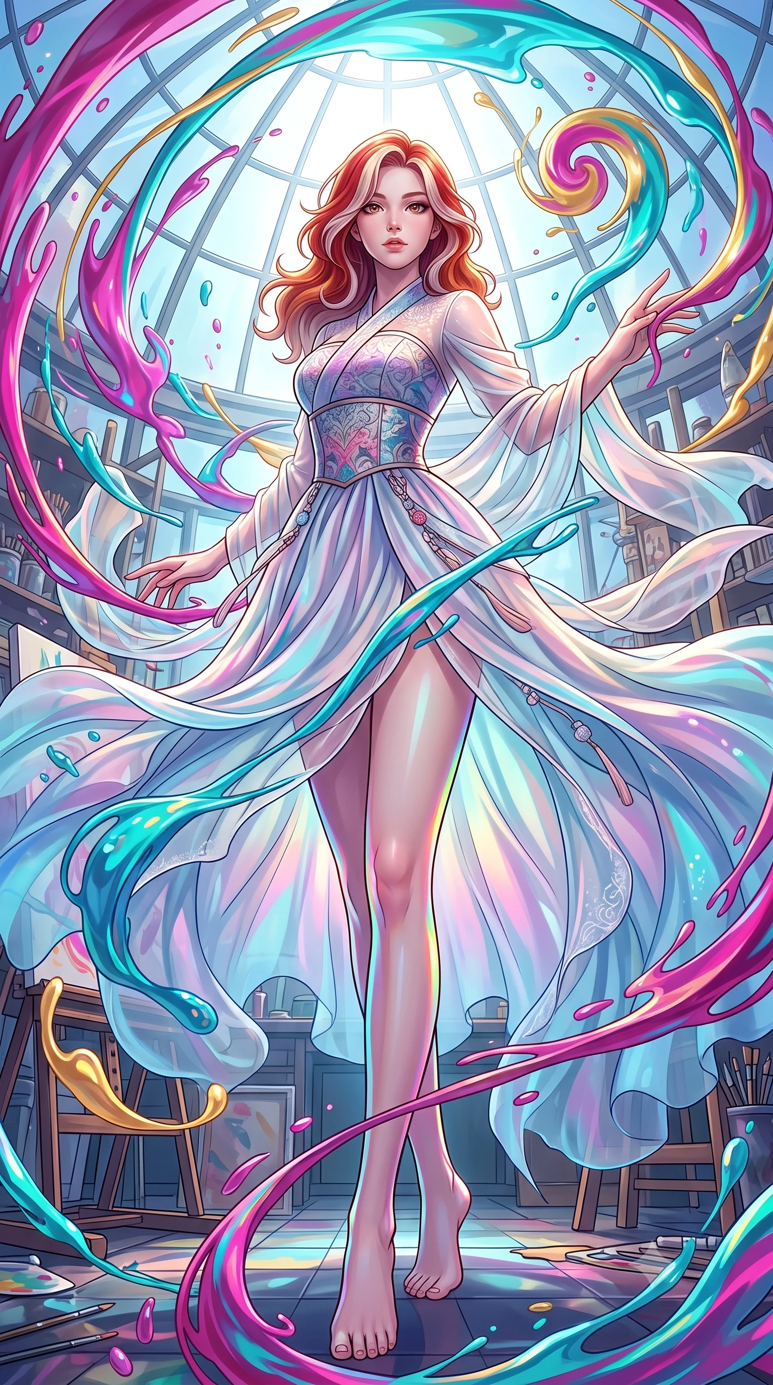 score_9, masterpiece, best quality, ultra-detailed, high-budget anime keyframe, editorial fashion photography, tasteful artistic composition, Caucasian woman. low angle full-body shot from head to toe showing her feet, filling the entire 9:16 vertical frame with her statuesque presence, stretching her vertical silhouette. interacting gracefully with the magical floating elements while maintaining a confident posture standing inside a glass-domed art atelier filled with floating liquid paint swirls, swirling ribbons of magenta, turquoise, and gold liquid paint in zero-gravity. She has an absolutely perfect, statuesque 8.5-heads proportion, an exceptionally tall and slender model-like female figure with impossibly long slender legs and an ultra-slim waist. sharp v-shaped jawline, high-bridge nose, intricate jewel-like eyes with depth, thick eyelashes, glossy lips with a natural sheen. wearing a modern fusion silk hanbok dress with a structured bodice and flowing chiffon skirt, the form-contouring material highlighting her ultra-slim waist and long lines. drenched in bright white key light with colorful prismatic rim lighting. highly saturated vibrant anime colors, detailed shading with soft gradients, rich glossy textures, high-contrast stereoscopic depth, volumetric dynamic lighting, master piece, 9:16 ratio