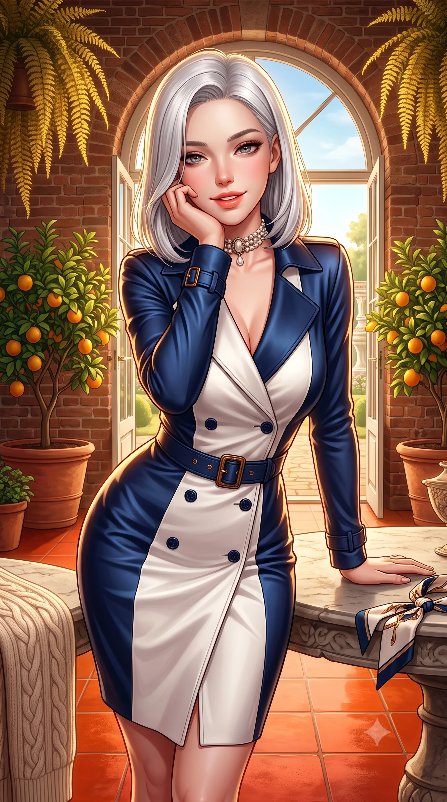 score_9, masterpiece, best quality, ultra-detailed, high-budget anime keyframe, semi-realistic 3D game render, editorial fashion photography, tasteful artistic composition, Korean woman. close-up cowboy shot from the waist and thighs up, the character dominates the composition, filling the frame with her large presence. resting one elbow on the table and supporting her chin, leaning close to the camera with heavy-lidded sparkling eyes and parted lips while standing amidst potted citrus trees and cascading golden ferns inside the historic brick orangery, smiling warmly at the camera. The surrounding environment is rendered in vivid detail and crisp panoramic clarity: detailed cable-knit cashmere sweater ribbing, silk twilly neck scarf knot, and baroque palace garden craft in razor-sharp precision. She has an exceptionally elegant, slender, and willowy female figure with an ultra-slim waist, flat toned midriff, narrow ribcage, and sculpted feminine hips creating an alluring, slim hourglass silhouette without bulk. sharp v-shaped jawline, high-bridge nose, intricate jewel-like sparkling eyes with depth, thick eyelashes, glossy parted lips with a natural peach sheen, bright cheerful beaming smile with an enchanting and coquettish sensual glint, exuding both youthful cute charm and seductive allure, flawlessly proportioned anatomical accuracy, strict slender model proportions, natural body alignment, perfectly sculpted long slender limbs, ultra-slim waistline, clean dynamic posture without body distortion. wearing a liquid-tight double-breasted tailored trench dress cinched firmly with a leather buckle belt to accentuate her hourglass curves in French navy blue and crisp alabaster white, crafted from lustrous liquid satin crepe that drapes in body-clinging ripples catching ambient lights, complemented by an antique baroque pearl choker accentuating her delicate neck and collarbones, the second-skin tailored fabric adhering flawlessly to her sculpted flat midriff and slender torso, emphasizing her long leg lines and perfectly proportioned willowy build. illuminated by terracotta floor reflection fill and warm golden rim lights defining her delicate collar and willowy silhouette. highly saturated vibrant anime colors, detailed shading with soft gradients, rich glossy textures, high-contrast stereoscopic depth, volumetric dynamic lighting, master piece, 9:16 ratio