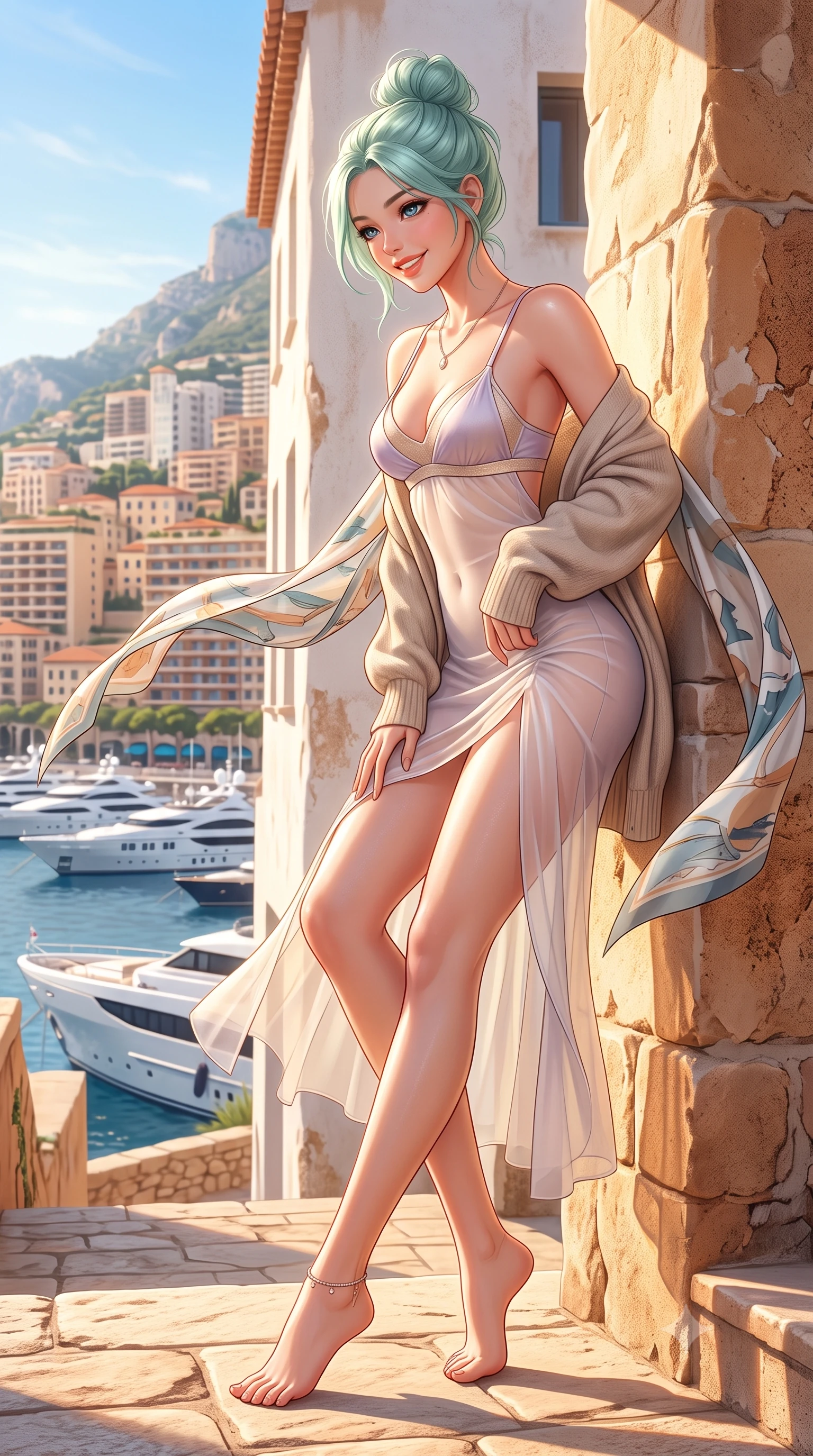 score_9, masterpiece, best quality, ultra-detailed, high-budget anime keyframe, semi-realistic 3D game render, editorial fashion photography, tasteful artistic composition, Japanese woman. low angle full-body shot from head to toe showing her feet, filling the entire 9:16 vertical frame with her statuesque presence, stretching her vertical silhouette. leaning deep against the sunlit architecture with hips cocked back in a cute yet unapologetically alluring high-fashion stance, flashing a warm beaming smile while turning in an alluring dancer S-curve as warm sea trade winds whip her silk scarf, gazing down at luxury mega-yachts with parted glossy lips. The surrounding environment is rendered in vivid detail and crisp panoramic clarity. detailed resort couture fabric sheen, sea mist specular highlights on skin, and Monaco coastline in high resolution. She has an exceptionally tall and slender model-like 8.5-heads proportion, an ultra-slim waist, a flat toned midriff, narrow delicate ribcage, and beautifully sculpted feminine hips creating a graceful, slim hourglass silhouette without any bulky heaviness, with impossibly long slender legs. sharp v-shaped jawline, high-bridge nose, intricate jewel-like sparkling eyes with depth, thick eyelashes, glossy parted lips with a natural peach sheen, bright cheerful beaming smile with an enchanting and coquettish sensual glint, exuding both youthful cute charm and seductive allure, flawlessly proportioned anatomical accuracy, strict slender model proportions, natural body alignment, perfectly sculpted long slender limbs, ultra-slim waistline, clean dynamic posture without body distortion. wearing a delicate semi-sheer chiffon sun-slip dress layered over a matching pastel bralette, hugging her slender waist and hips in soft lilac and champagne shimmer, formed from supple second-skin stretch ribbed knit clinging to her form, complemented by an oversized soft knit cardigan slipping off one bare shoulder, the glove-like silhouette tightly following the natural contour of her hips and long slender legs with youthful 8.5-heads elegance. bathed in intense Mediterranean golden hour afternoon sun reflecting off coastal waters. highly saturated vibrant anime colors, detailed shading with soft gradients, rich glossy textures, high-contrast stereoscopic depth, volumetric dynamic lighting, master piece, 9:16 ratio