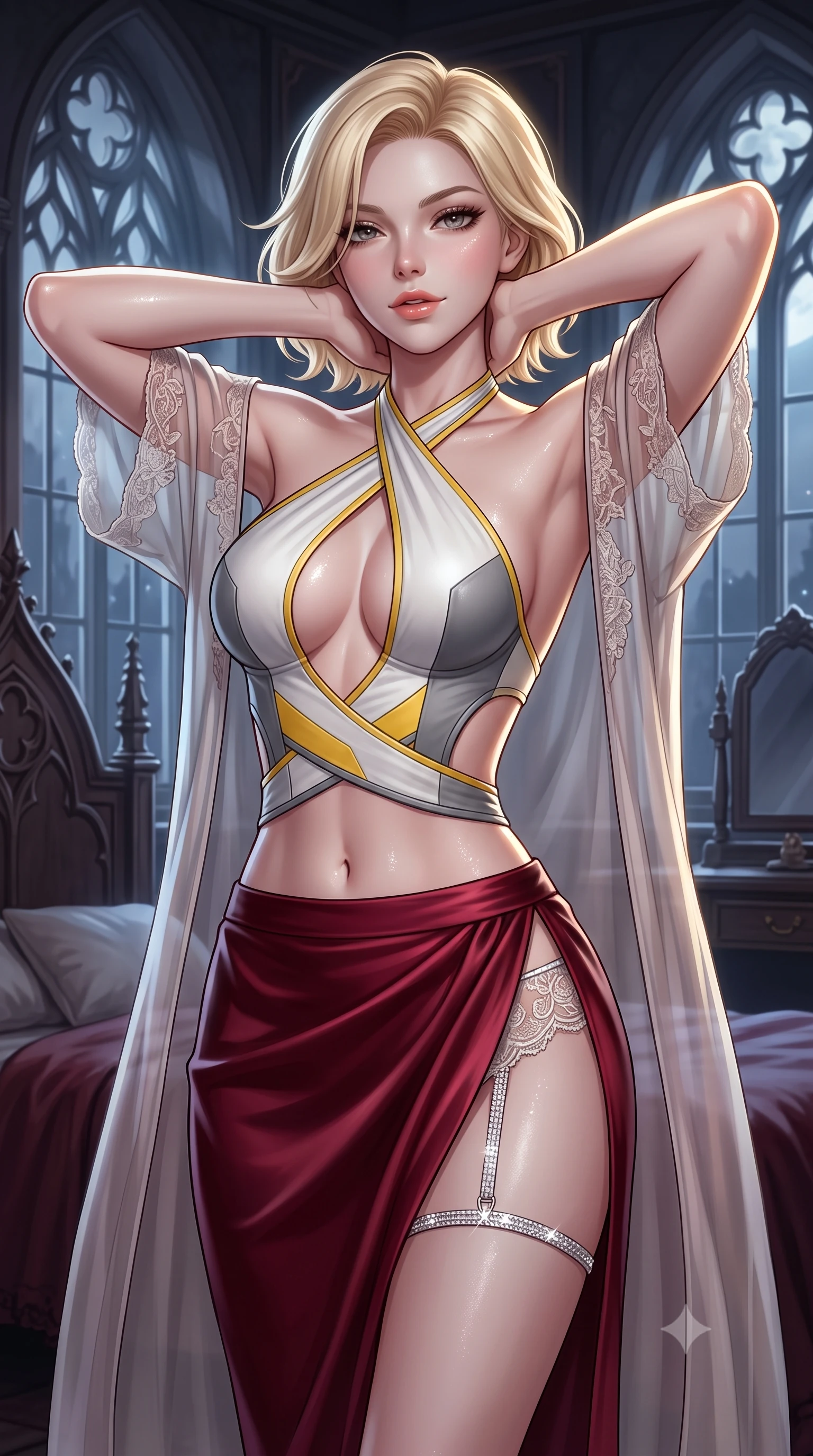 score_9, masterpiece, best quality, ultra-detailed, high-budget anime keyframe, semi-realistic 3D game render, editorial fashion photography, tasteful artistic composition, Caucasian woman. close-up cowboy shot from the waist and thighs up, the character dominates the composition, filling the frame with her large presence. resting both hands lightly behind her neck with elbows raised, arching her spine to highlight her narrow waist, flat midriff, and breathtaking collarbones while twisting her slender torso in an alluring S-curve while adjusting a sheer robe, silver moonlight pouring through pointed-arch windows. The surrounding environment is rendered in vivid detail and crisp panoramic clarity: detailed lace teddy embroidery, dewy skin highlights, and antique vampire bedroom furnishings in high resolution. She has an exceptionally elegant, slender, and willowy female figure with an ultra-slim waist, flat toned midriff, narrow ribcage, and sculpted feminine hips creating an alluring, slim hourglass silhouette without bulk. sharp v-shaped jawline, high-bridge nose, sparkling eyes with hypnotic seductive depth, thick curled eyelashes, glossy parted lips with a natural dewy peach sheen, alluring bedroom-eyes with an enchanting coquettish smile, exuding magnetic siren charisma and sophisticated glamour, flawlessly proportioned anatomical accuracy, strict slender model proportions, natural body alignment, perfectly sculpted long slender limbs, ultra-slim waistline, clean dynamic posture without body distortion. wearing a high-waisted dark crimson satin wrap sarong skirt with hip-high slit paired with a plunging criss-cross halter corset in Bauhaus optic white and concrete grey with primary yellow accents, woven from buttery-soft stretch lambskin leather adhering to her body like a second skin, finished with delicate crystal-encrusted thigh garter straps glinting under the lights, the precision-cut side openings and low-back scoop framing her graceful spine and the sensual sweep of her slim, toned hips. illuminated by silk bedding reflection fill and sharp platinum-gold rim lights defining her collarbones, narrow waist, and curvy hips. highly saturated vibrant anime colors, detailed shading with soft gradients, rich glossy textures, high-contrast stereoscopic depth, volumetric dynamic lighting, master piece, 9:16 ratio