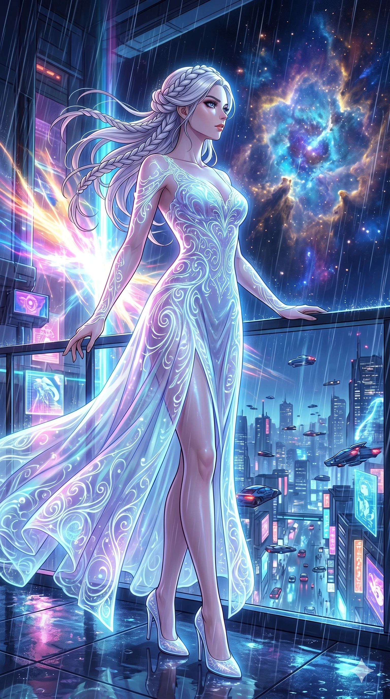 score_9, masterpiece, best quality, ultra-detailed, High-budget Anime Keyframe, vibrant colors, fluid line-art, expressive lighting, cinematic composition, Ufotable-style visual effects, top-tier animation quality, Caucasian woman with pale skin, blonde hair, and (strictly human ears). Wide-angle low shot emphasizing her elegant legs and commanding stature. Observing the slow birth of a new nebula from her private balcony on a space station, the colors reflecting in her eyes. She has an well-proportioned figure, an tall and elegant figure with elegant legs and an graceful posture, her statuesque height and towering silhouette dominating the vertical 9:16 frame. Her face is a masterpiece featuring a sharp v-shaped jawline, high-bridge nose, intricate jewel-like eyes with depth, thick eyelashes, and glossy lips with a natural sheen. She is wearing a Holographic lace evening gown with a elegant flowing skirt and a elegant neckline crafted from Bioluminescent silk that emits a soft, ethereal glow from within the fabric, with elegant fabric draping over her form and a streamlined silhouette. The scene is set in a sprawling cyberpunk metropolis in heavy rain with vibrant neon glows reflecting on every surface, illuminated by intense energy flares from her powers illuminating the scene with brilliant light. 2k, ultra detail, master piece, 9:16 ratio