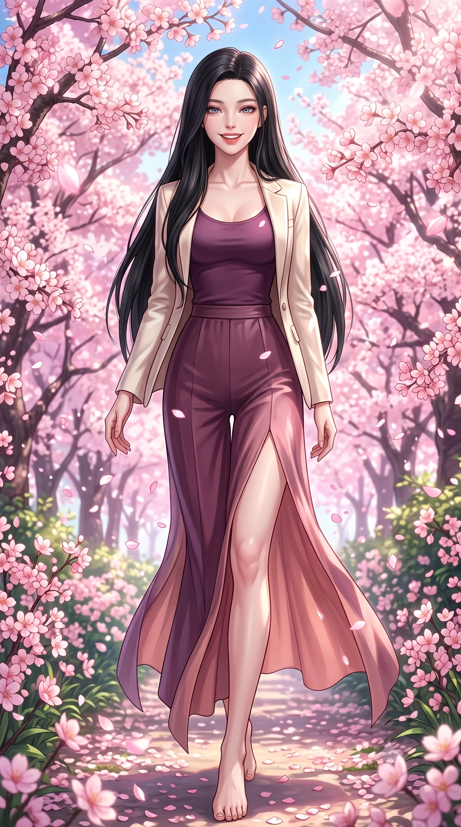 score_9, masterpiece, best quality, ultra-detailed, high-budget anime keyframe, editorial fashion photography, tasteful artistic composition, Korean woman. low angle full-body shot from head to toe showing her feet, filling the entire 9:16 vertical frame with her statuesque presence, stretching her vertical silhouette. stepping forward gracefully in mid-motion with a delighted cute expression, displaying her statuesque model proportions while pivoting dynamically with a beaming smile as delicate pink sakura petals shower around her. The surrounding environment is rendered in vivid detail and crisp panoramic clarity. vibrant spring sunlight scattering through blooming flower arches with high clarity. She has an absolutely perfect, statuesque 8.5-heads proportion, an exceptionally tall and slender model-like female figure with impossibly long slender legs and an ultra-slim waist. sharp v-shaped jawline, high-bridge nose, intricate jewel-like eyes with depth, thick eyelashes, glossy lips with a natural sheen, flawlessly proportioned anatomical accuracy, natural body alignment, perfectly sculpted elegant limbs, clean dynamic posture without body distortion. wearing a tailored cream silk blazer over a fitted scoop-neck camisole and slacks in rich plum purple and rose gold, crafted from lightweight fluid chiffon, featuring a sleek side leg slit ascending to mid-thigh, the elegant draped fit framing her graceful clavicle and slender torso. illuminated by soft glowing pink ambient light and clear sky refractions. highly saturated vibrant anime colors, detailed shading with soft gradients, rich glossy textures, high-contrast stereoscopic depth, volumetric dynamic lighting, master piece, 9:16 ratio