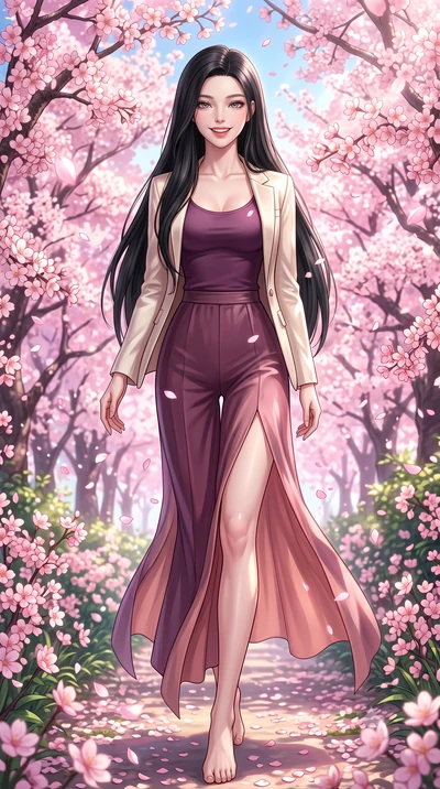 score_9, masterpiece, best quality, ultra-detailed, high-budget anime keyframe, editorial fashion photography, tasteful artistic composition, Korean woman. low angle full-body shot from head to toe showing her feet, filling the entire 9:16 vertical f
