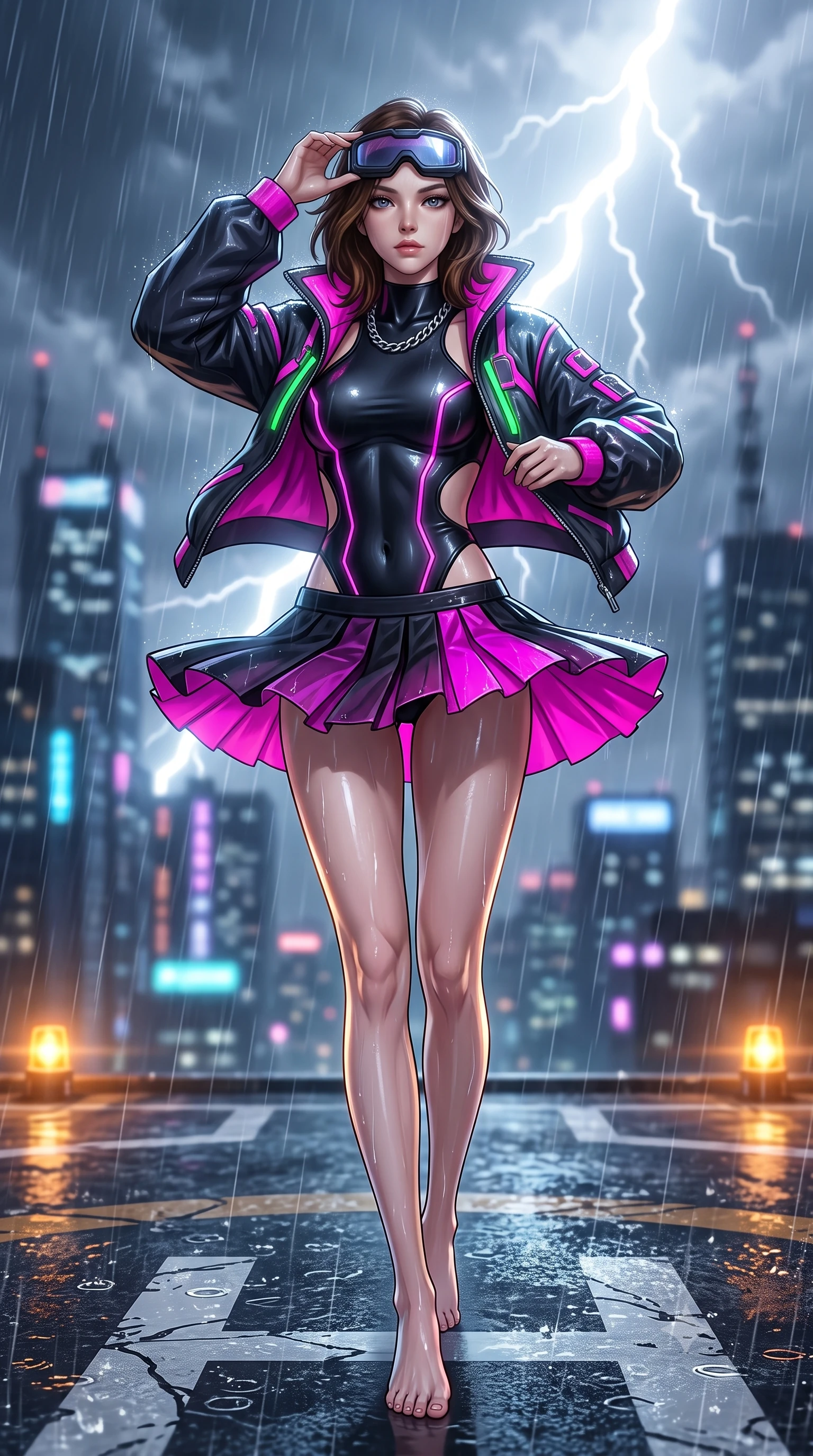 score_9, masterpiece, best quality, ultra-detailed, high-budget anime keyframe, semi-realistic 3D game render, editorial fashion photography, tasteful artistic composition, Korean woman. low angle full-body shot from head to toe showing her feet, filling the entire 9:16 vertical frame with her statuesque presence, stretching her vertical silhouette. executing an elegant mid-motion spin with effortless grace, her garments fluttering softly around her ultra-slim waistline while infiltrating a torrential midnight rooftop helipad 80 stories high as lightning flashes illuminate her wet tactical trench coat. The composition keeps background elements in soft focus with creamy bokeh. violent lightning forks and distant glowing skyscraper crowns blurred into charcoal, slate-blue, and electric white bokeh. She has an absolutely perfect, statuesque 8.5-heads proportion, an exceptionally tall and slender model-like female figure with impossibly long slender legs, a toned flat midriff, and an ultra-slim waist. sharp v-shaped jawline, high-bridge nose, intricate jewel-like eyes with depth, thick eyelashes, glossy lips with a natural sheen, captivating and magnetic expression, flawlessly proportioned anatomical accuracy, strict slender model proportions, natural body alignment, perfectly sculpted long slender limbs, ultra-slim waistline, clean dynamic posture without body distortion. wearing a daring cutout cyberpunk bodysuit paired with an oversized neon-accented bomber jacket and pleated micro-skirt in matte black and vivid magenta, tailored from second-skin aerodynamic stretch vinyl and insulated satin, accessorized with a chunky silver chain necklace and cyber-visor goggles resting on her brow, the liquid-tight tailored fabric emphasizing every curve of her tall, slender model proportions and sculptured silhouette during dynamic movement. bathed in blinding white storm lightning flash backlighting and warm amber perimeter beacon fill. highly saturated vibrant anime colors, detailed shading with soft gradients, rich glossy textures, high-contrast stereoscopic depth, volumetric dynamic lighting, master piece, 9:16 ratio