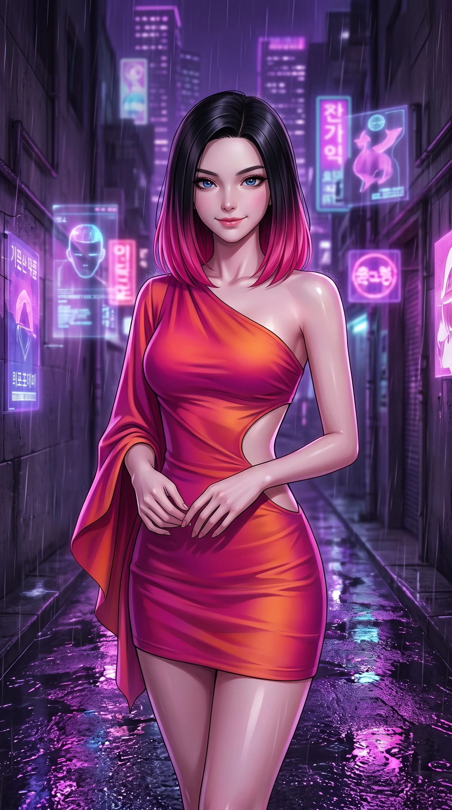 score_9, masterpiece, best quality, ultra-detailed, high-budget anime keyframe, editorial fashion photography, tasteful artistic composition, Korean woman. close-up cowboy shot from the waist and thighs up, the character dominates the composition, filling the frame with her large presence, background elements kept in soft focus. Smiling softly with a knowing, happy look in her eyes. set against a soft-focus background of in a narrow alleyway at night during a rainstorm, with wet concrete reflecting the purple neon of nearby skyscrapers and floating holographic ads. She has an exceptionally elegant, slender, and willowy female figure with a highly-defined ultra-slim waist, a gracefully sculpted slender torso, and a refined slim-fit silhouette that contours her form. sharp v-shaped jawline, high-bridge nose, intricate jewel-like eyes with depth, thick eyelashes, glossy lips with a natural sheen. wearing an asymmetric one-sleeve mini dress in a warm fuchsia and orange gradient, with a dramatic side cutout. saturated purple and pink neon light reflecting off the wet asphalt, creating sharp colorful specular highlights. 2k, ultra detail, master piece, 9:16 ratio