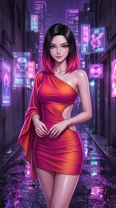 score_9, masterpiece, best quality, ultra-detailed, high-budget anime keyframe, editorial fashion photography, tasteful artistic composition, Korean woman. close-up cowboy shot from the waist and thighs up, the character dominates the composition, fi